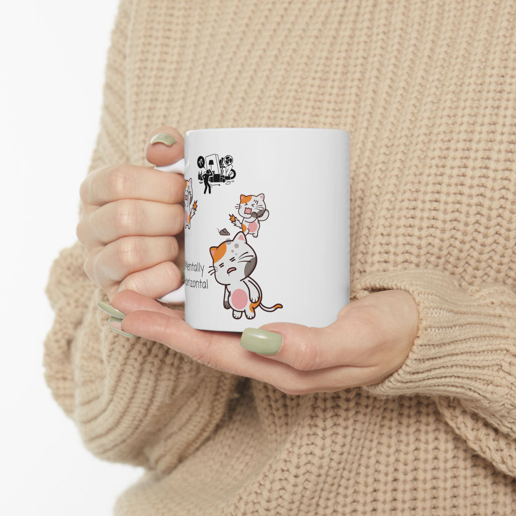 Funny "Mentally Horizontal" Cat Chaos White Ceramic Mug — Frantic Kitties in a Trashed Room (11oz & 15oz)