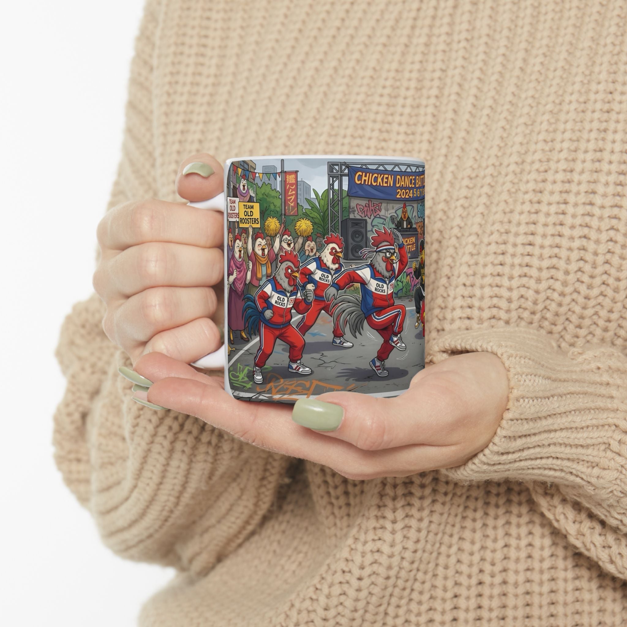 Chicken Dance Battle White Ceramic Mug (11oz, 15oz) — Funny Rooster Street Dance Cup