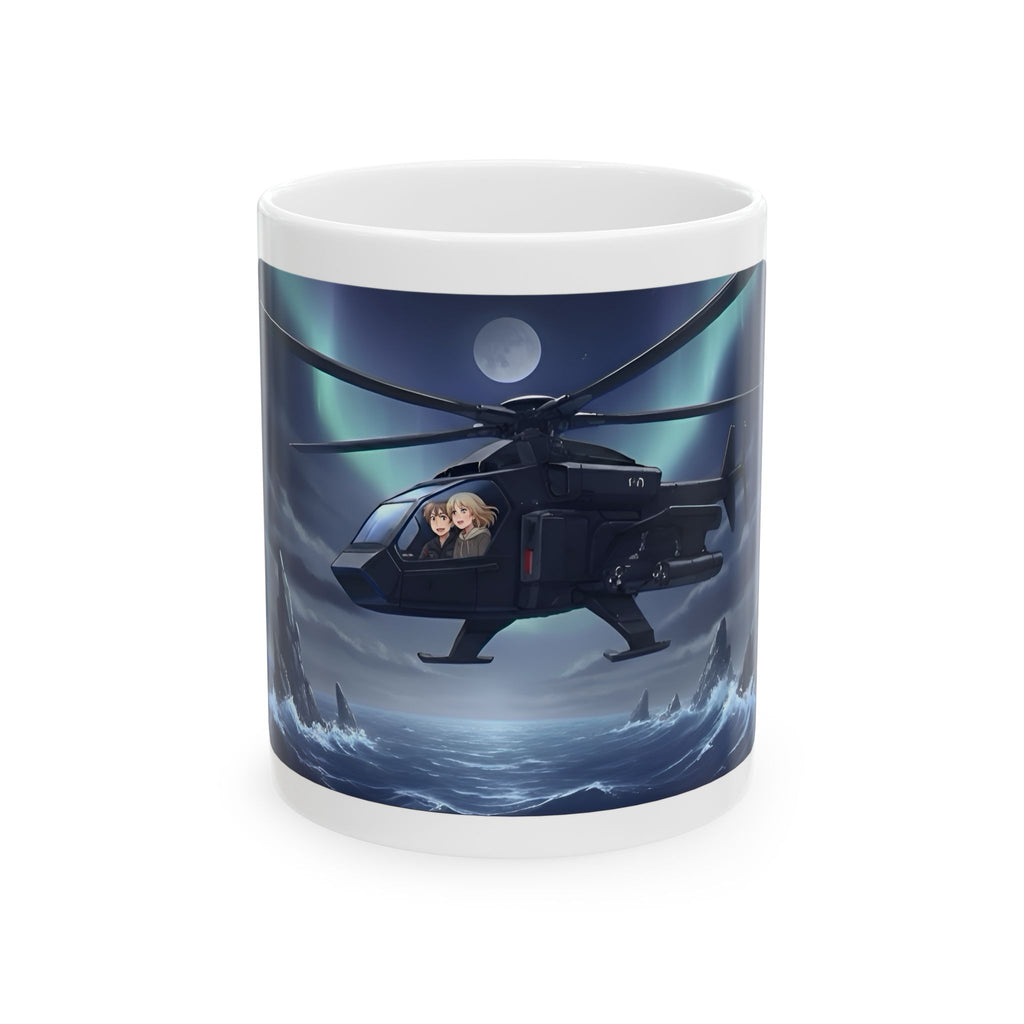 Touring Heli Under Aurora Borealis Northern Lights White Ceramic Mug – Friends, Family & Imaginative Adventures, Celebrating Companionship, Creativity & Life’s Little Wonders Cup (11oz/15oz)