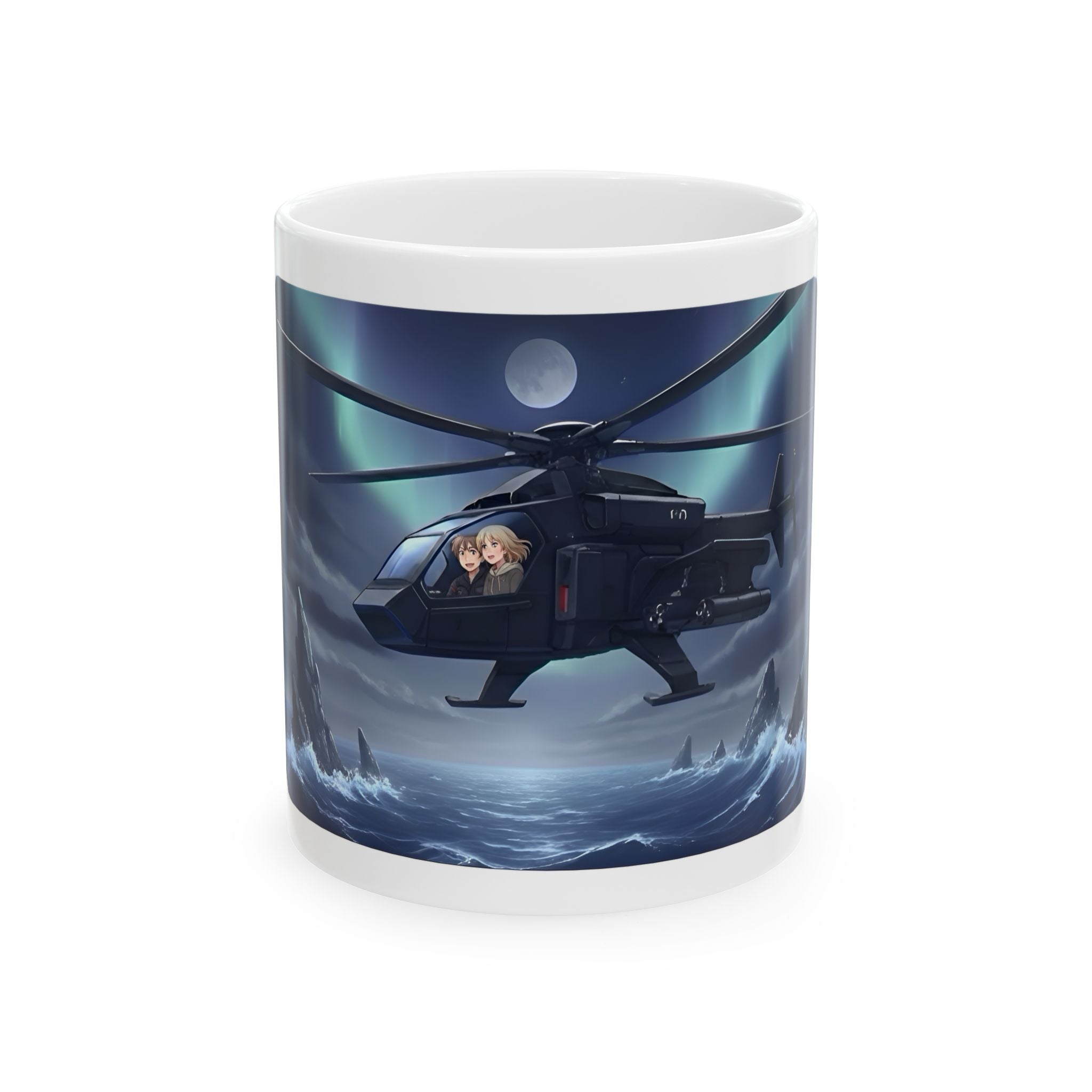 Touring Heli Under Aurora Borealis Northern Lights White Ceramic Mug – Friends, Family & Imaginative Adventures, Celebrating Companionship, Creativity & Life’s Little Wonders Cup (11oz/15oz)