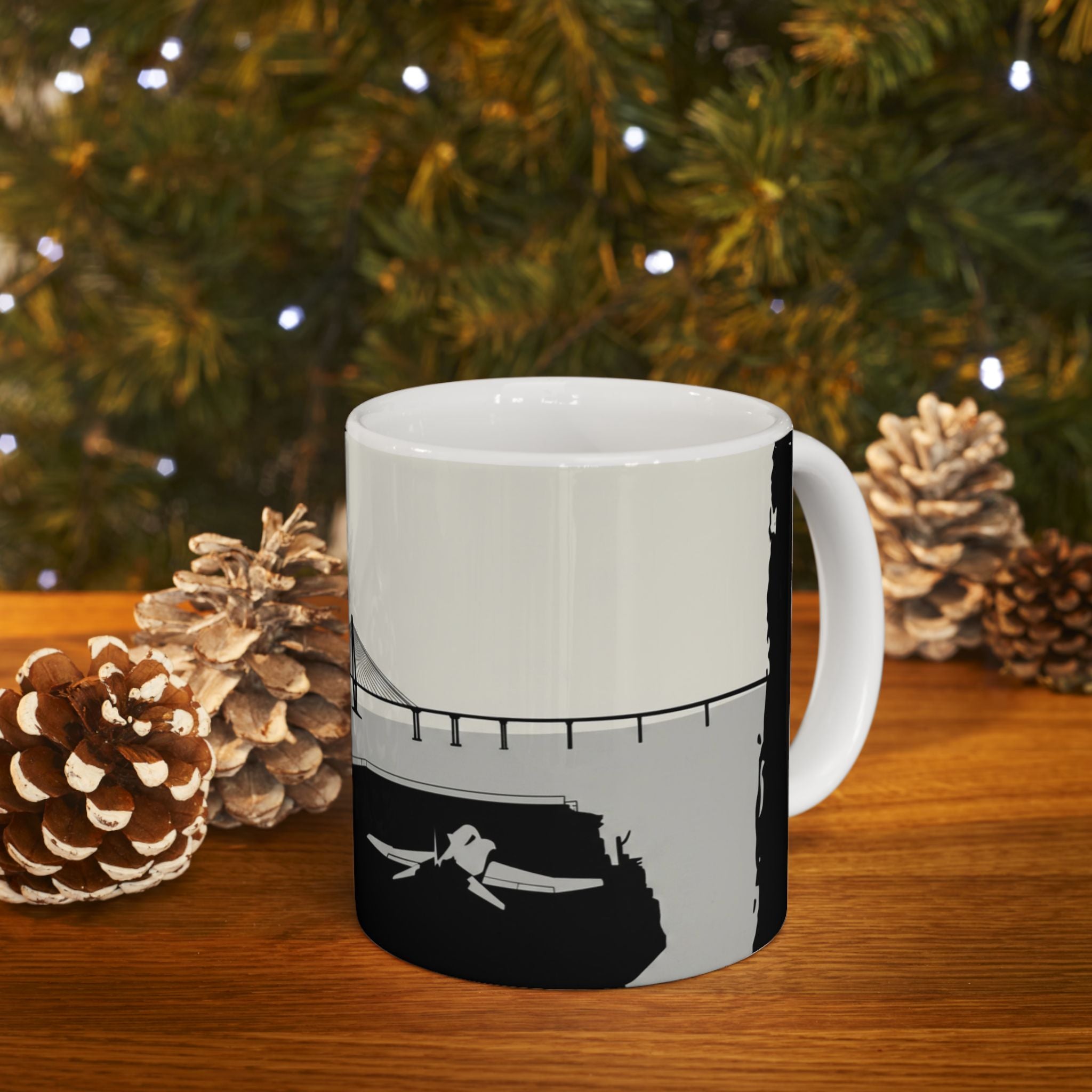 City Bridge Silhouette Scenic White Ceramic Mug – Waterfront Battleship View Cup (11 oz, 15 oz)