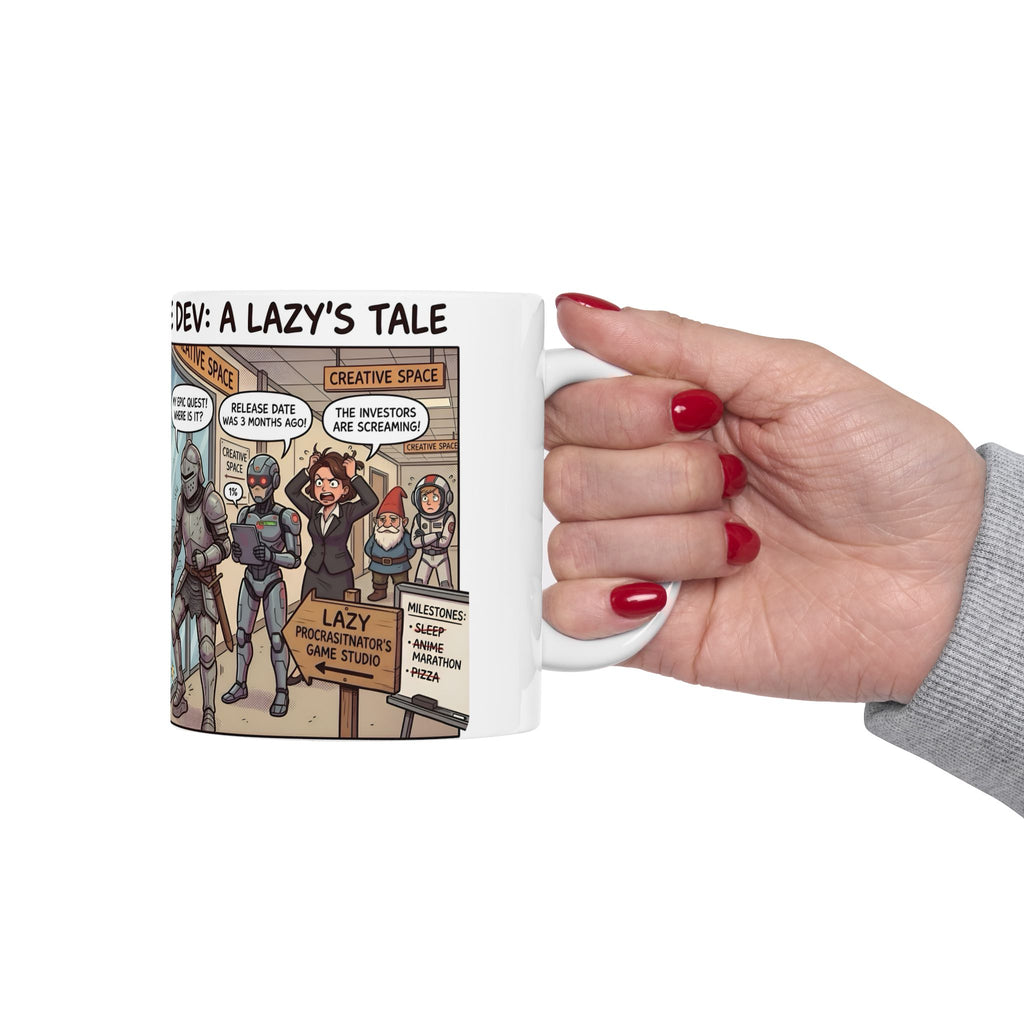 Humorous Game Developer White Ceramic Mug — 'The Life of the Indie Game Dev' Tea Cup (11oz/15oz)