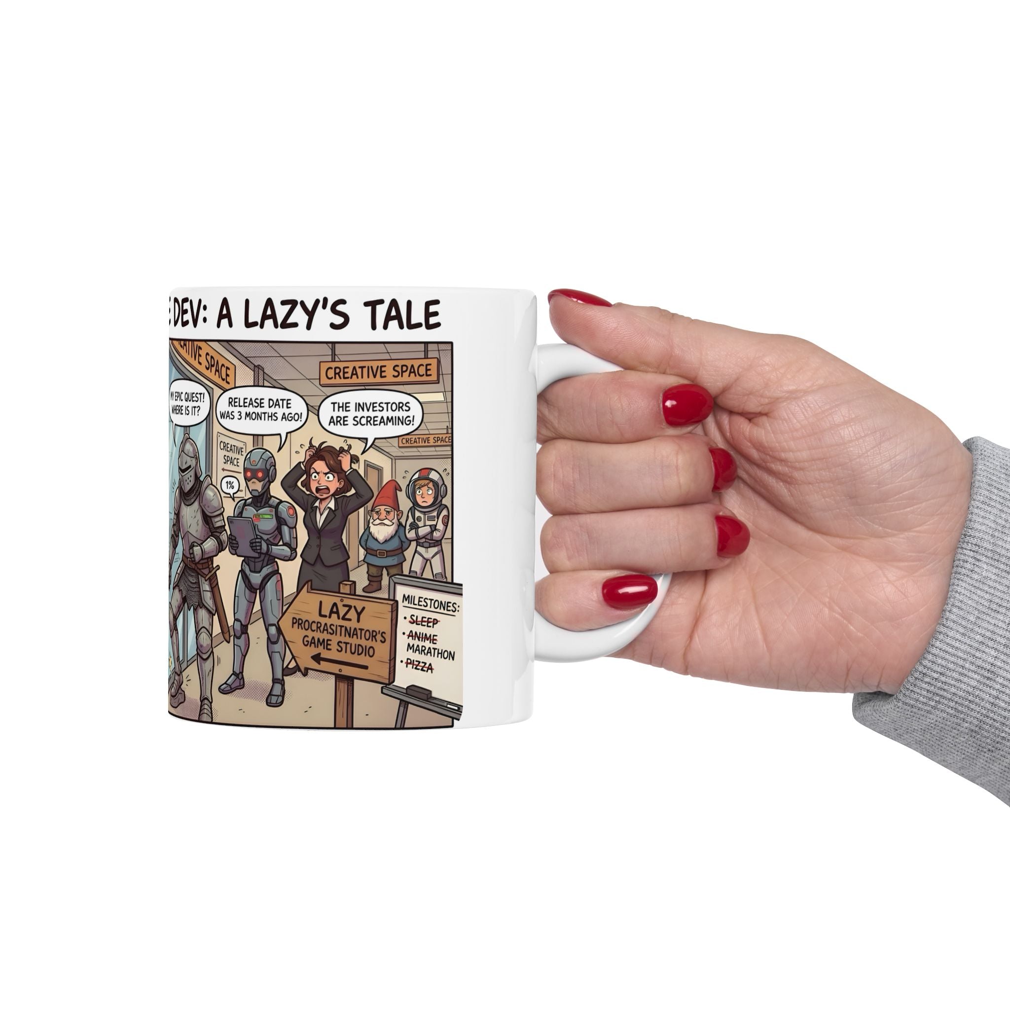 Humorous Game Developer White Ceramic Mug — 'The Life of the Indie Game Dev' Tea Cup (11oz/15oz)