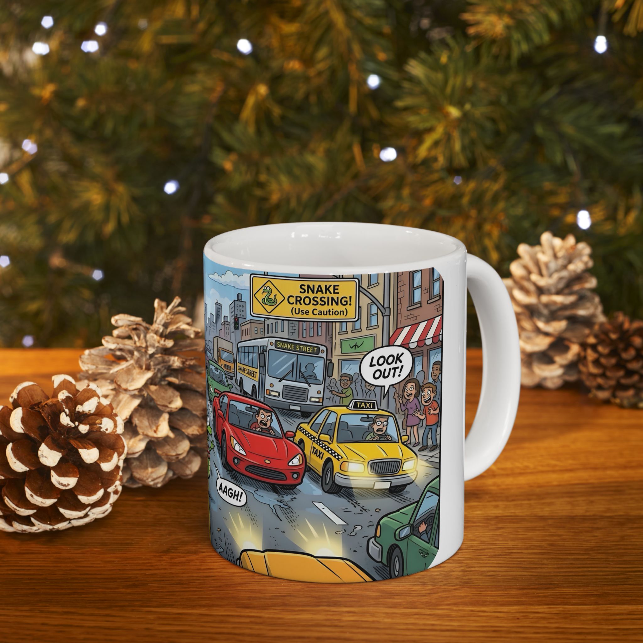 City Traffic & The Urban LandSnake White Ceramic Mug – Comical Reptile Road Chaos Cup (11oz, 15oz)