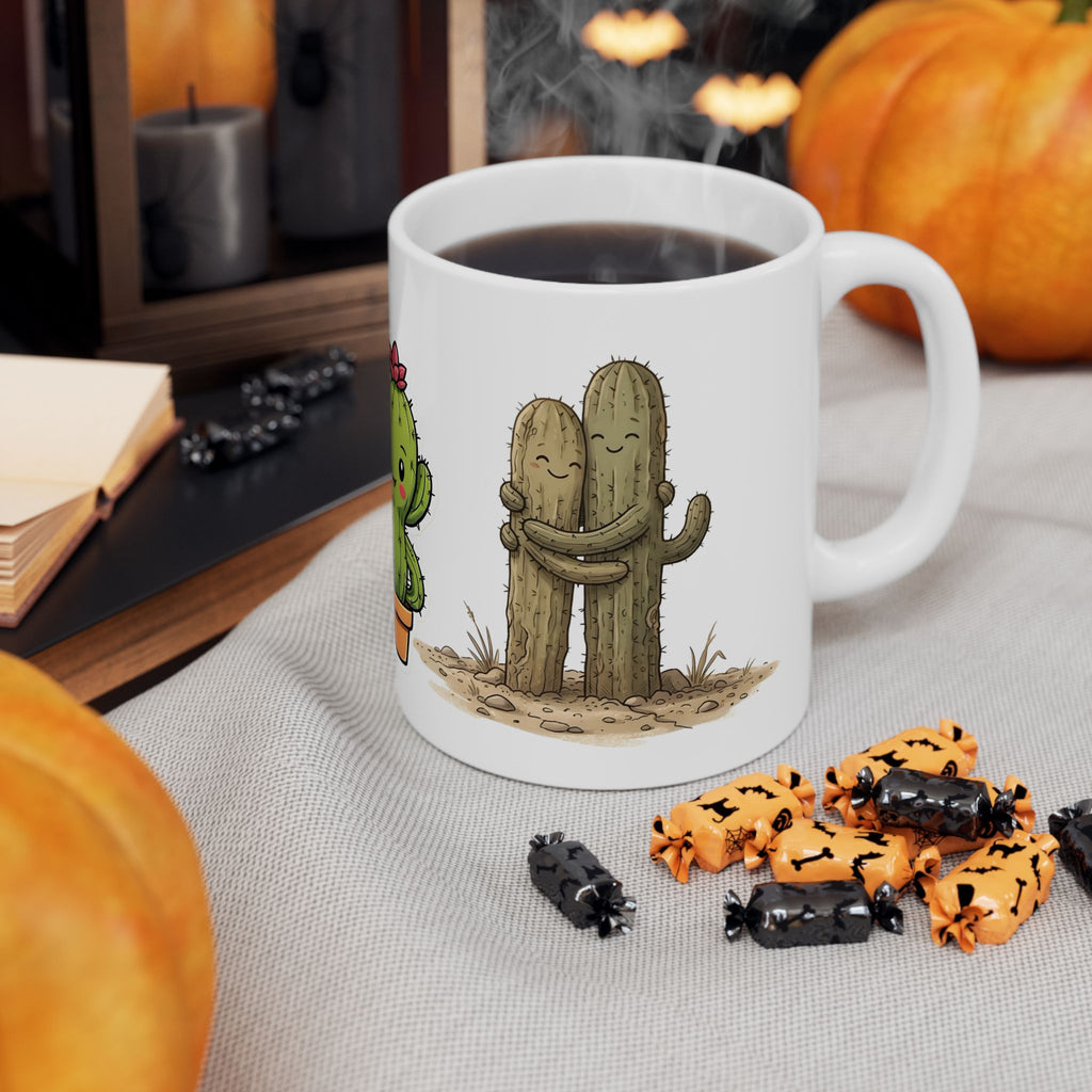 Cactus Couple White Ceramic Mug — Cute Potted Terracotta Tea Cup (11oz & 15oz)