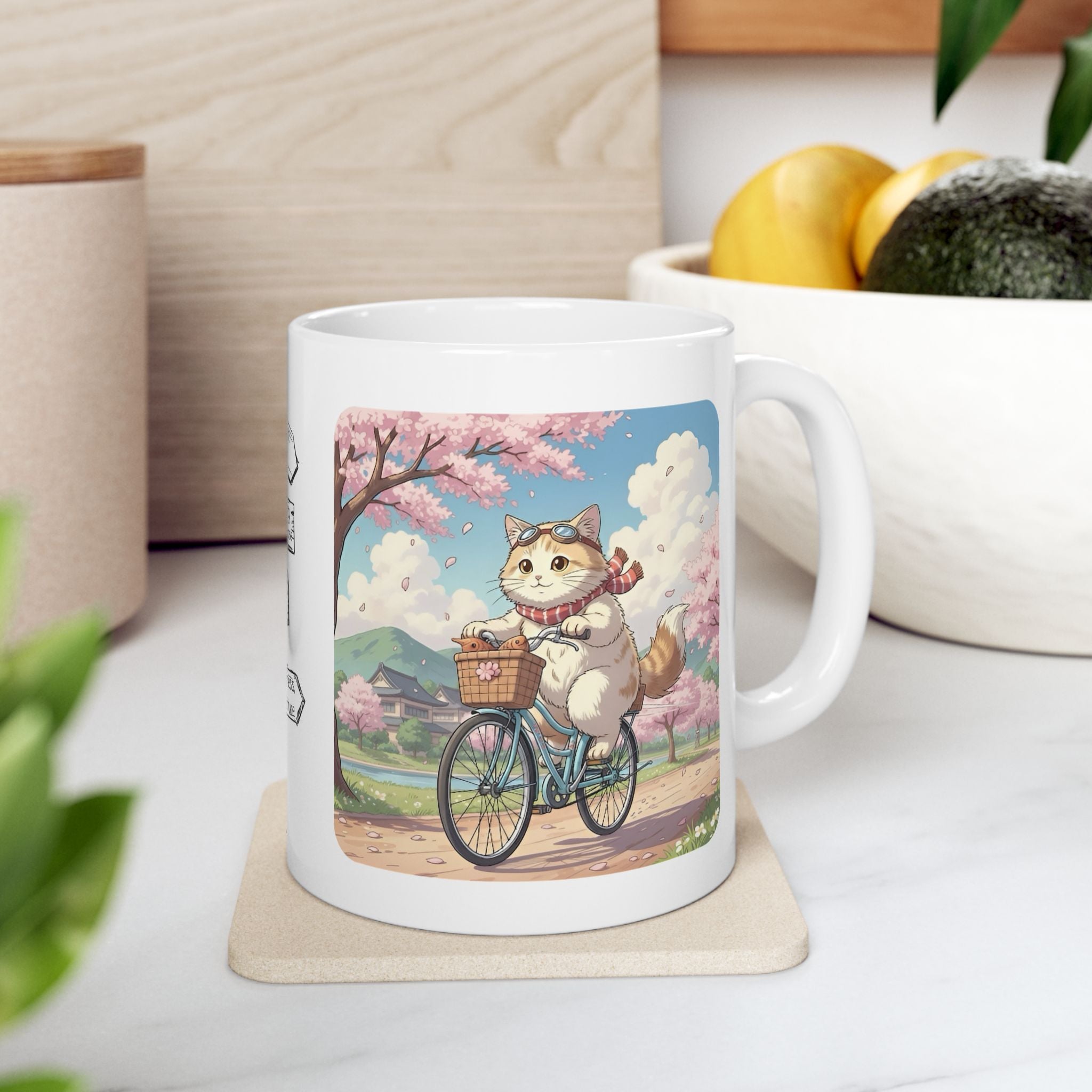 Cozy Kawaii Kitty Riding in Sakura Japan White Ceramic Mug — Whiskers on Wheels, Cherry Blossom Calm Cup, 11o z & 15oz