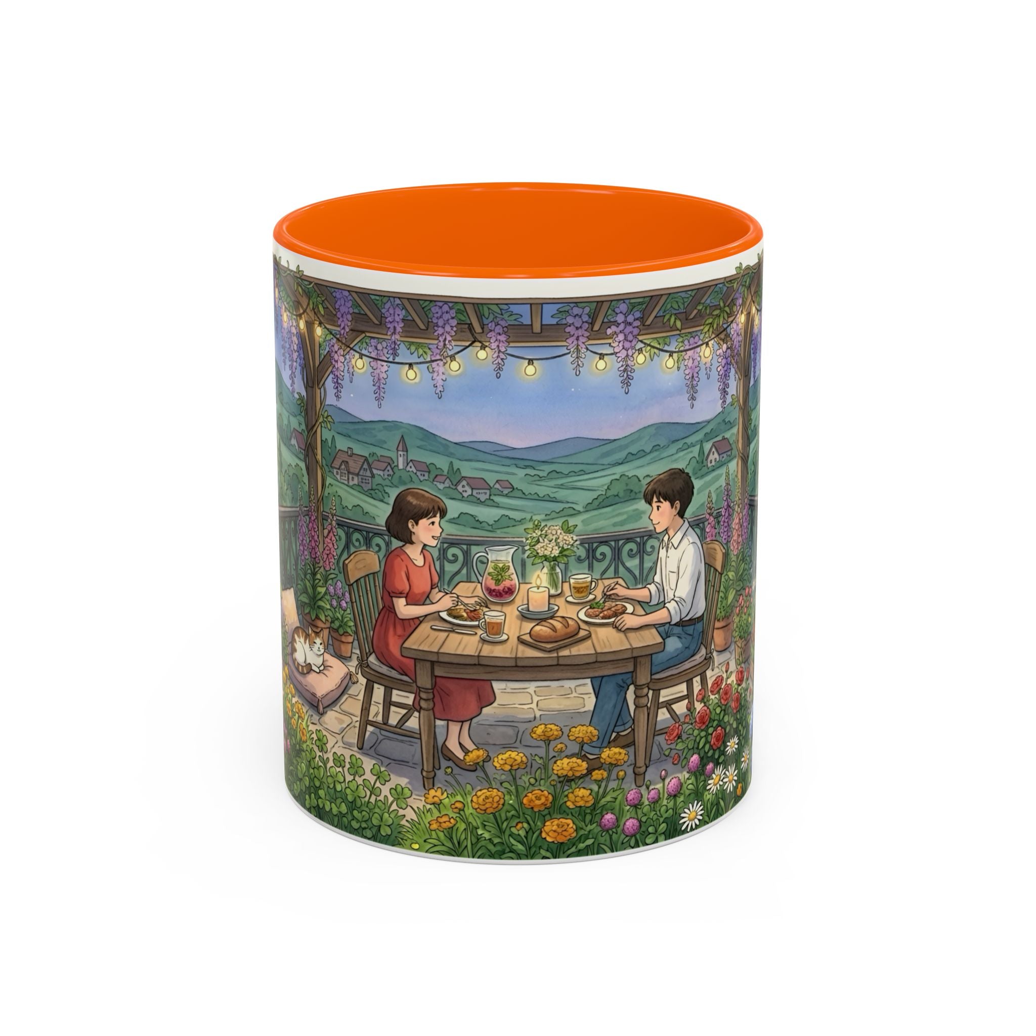 Cozy Romantic Garden Dinner Ceramic Mug — Couples Outdoor Bistro Cup (11 oz, 15 oz)