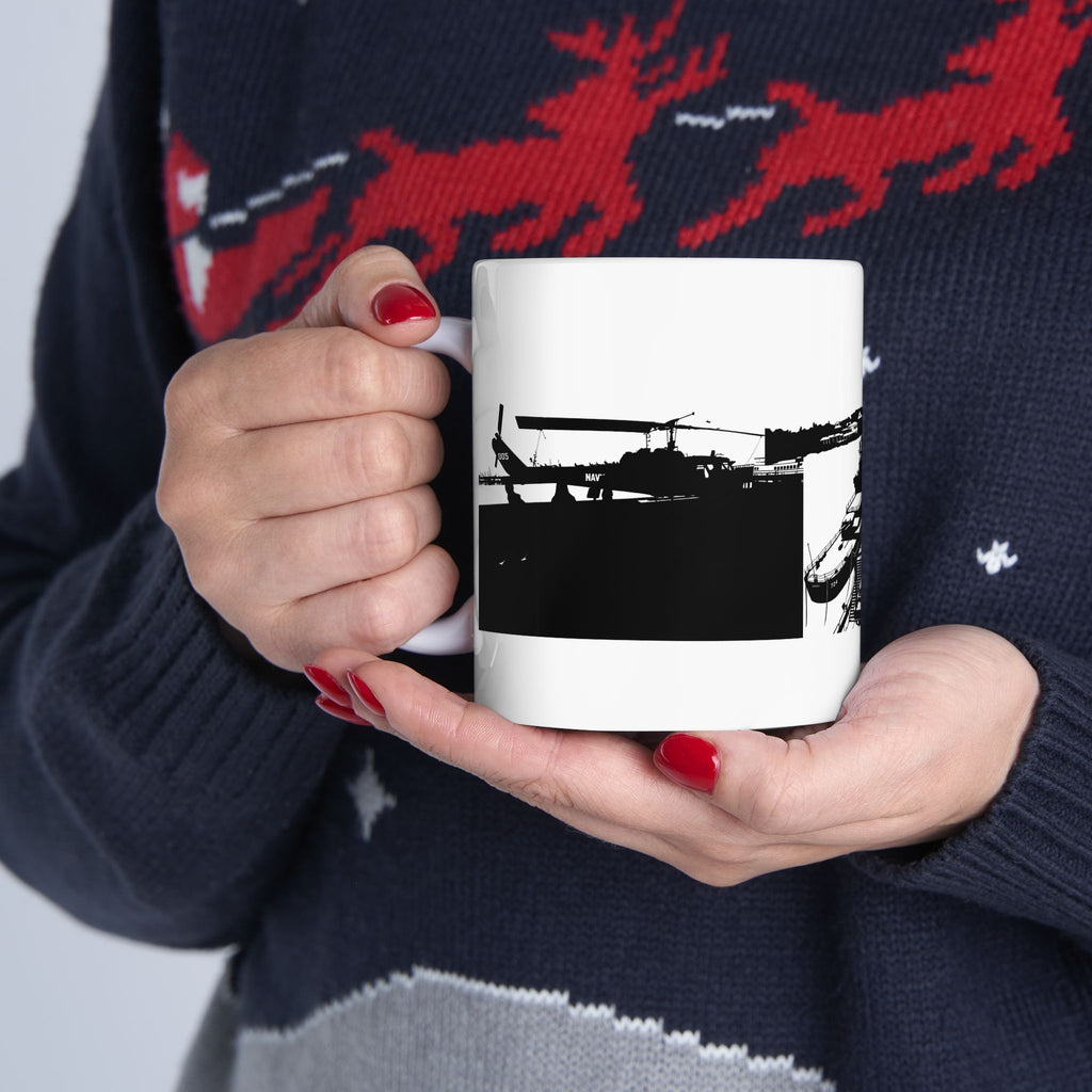 Harbor Panorama White Ceramic Mug — Black & White Maritime Port Cup (11oz, 15oz)