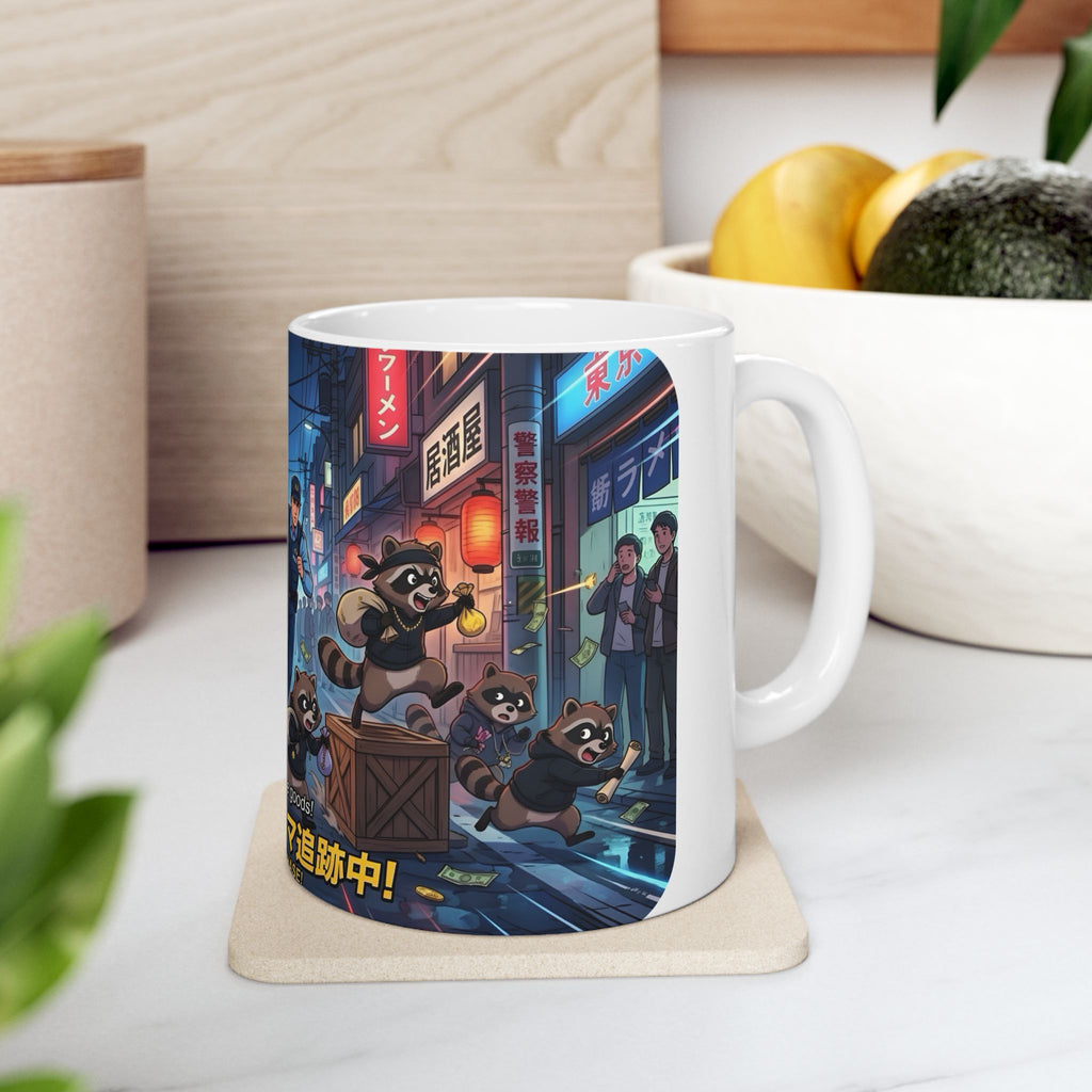"Raccoon Chase" Anime City Police White Ceramic Mug (11oz/15oz), Urban Ringtails Cup