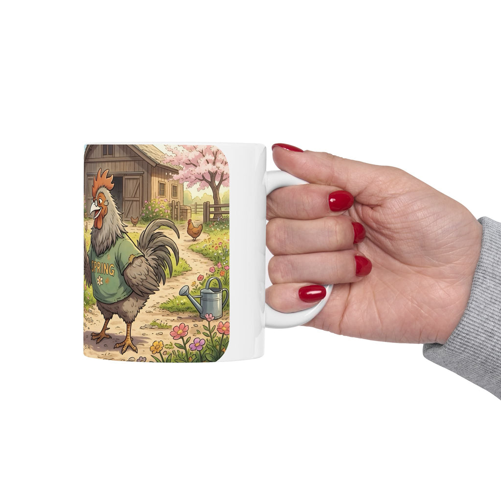 Spring Rooster & Chickens White Ceramic Mug — Cute & Cozy Country Farm Tea Cup (11oz/15oz)