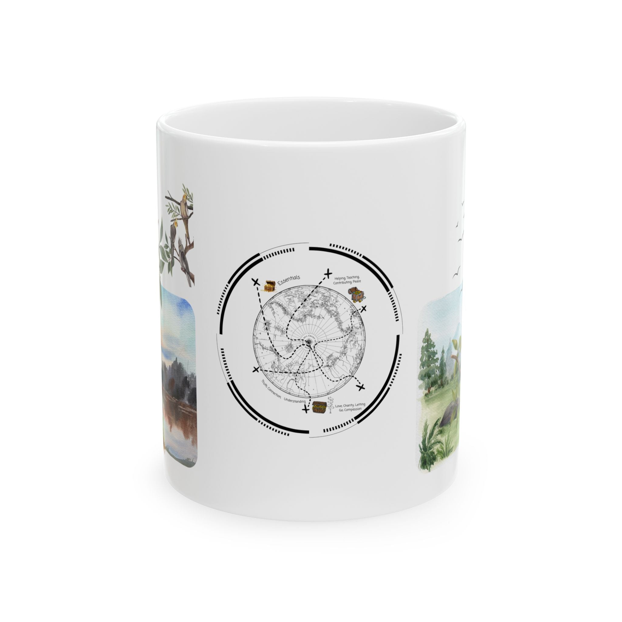 Joy of Life Tranquil Morning White Ceramic Mug — Serene Wilderness Lake Cup (11oz/15oz)