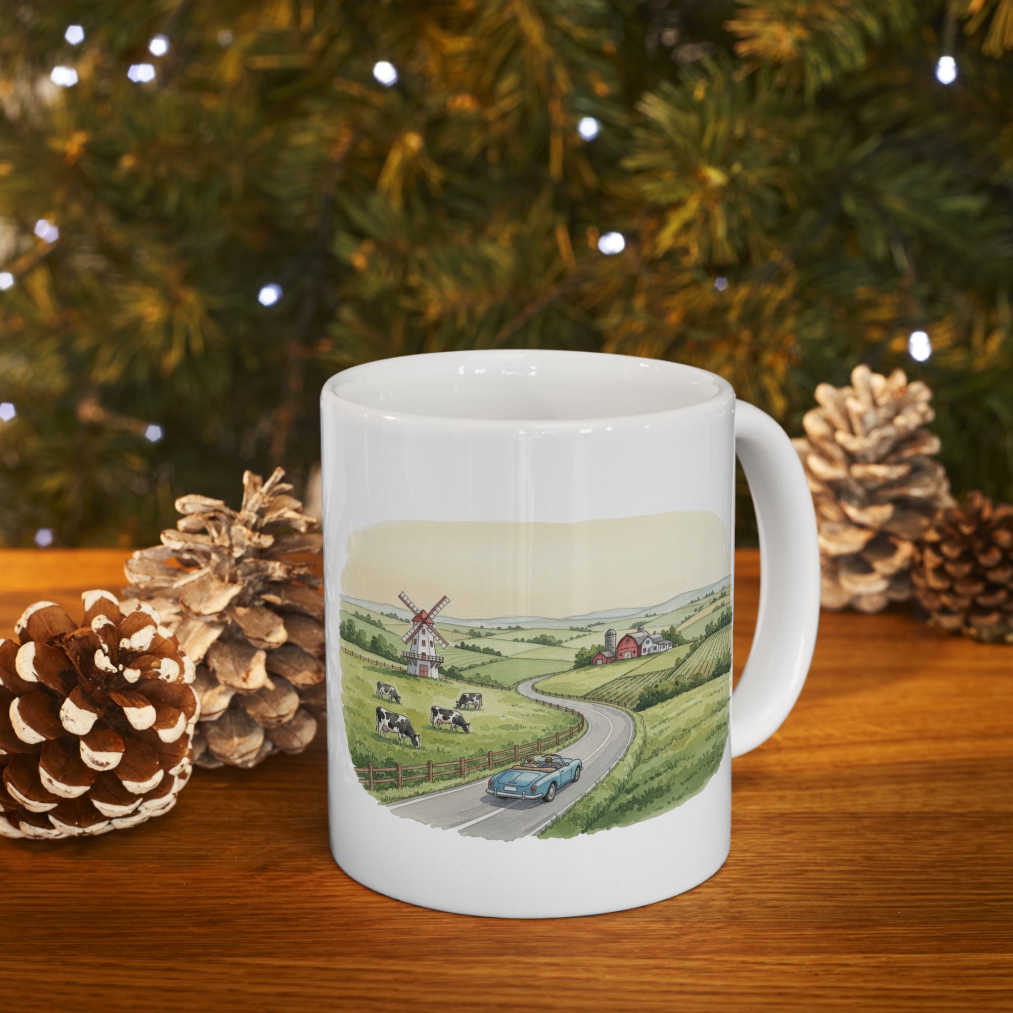 Scenic Convertible Countryside Drive White Ceramic Mug (11oz, 15oz), Relaxing and Cozy Open Road Mountain Getaway Cup
