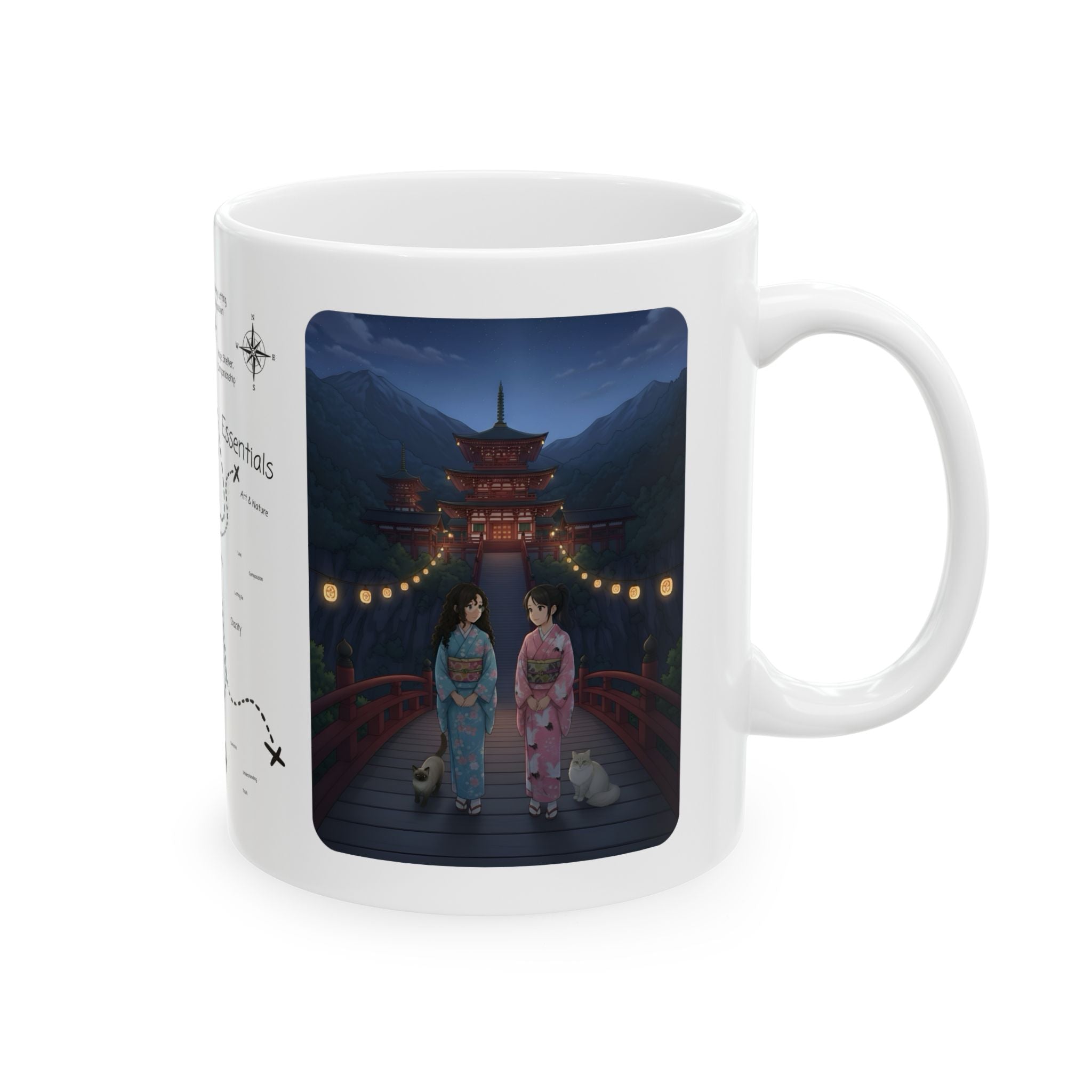 Kawaii Cat Lovers Transcending Time White Ceramic Mug — True Anime Best Friends in Japan Cup (11oz/15oz)
