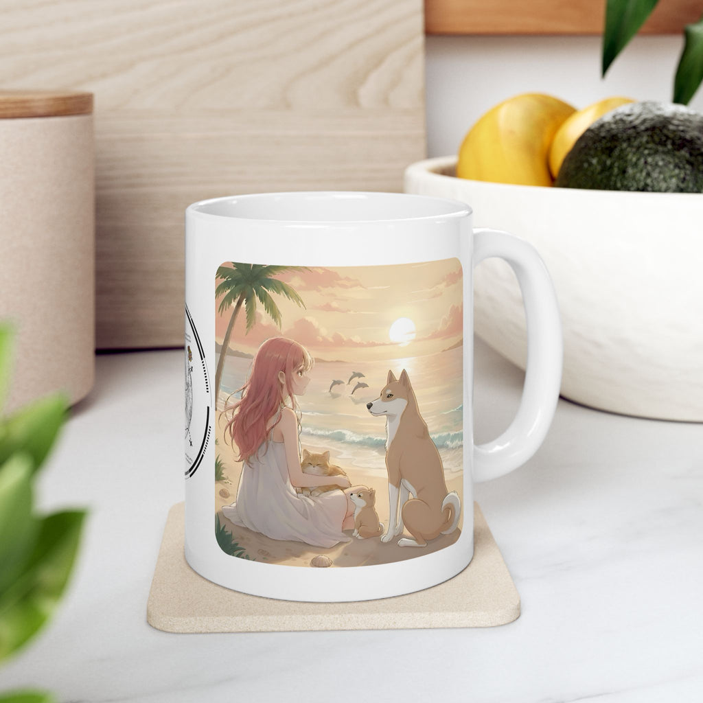 Shiba Inu Dog Orange Cat Sunset & Sunflower White Ceramic Mug — Peaceful Waves Anime Girl Boho Beach Vibes Cup (11oz, 15oz)
