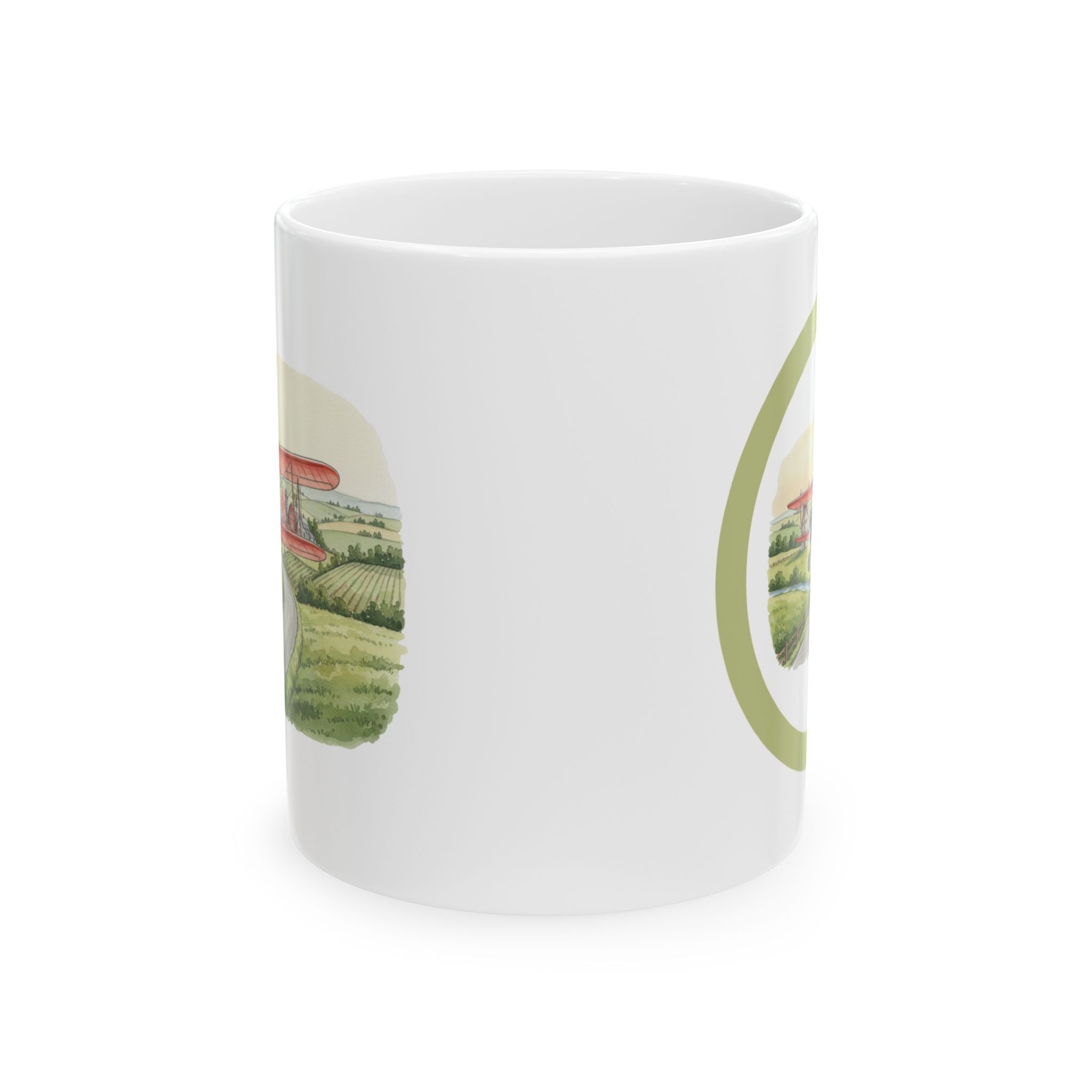 Countryside Airplane White Ceramic Mug — Vintage Biplane Landscape Tea Cup (11oz & 15oz)