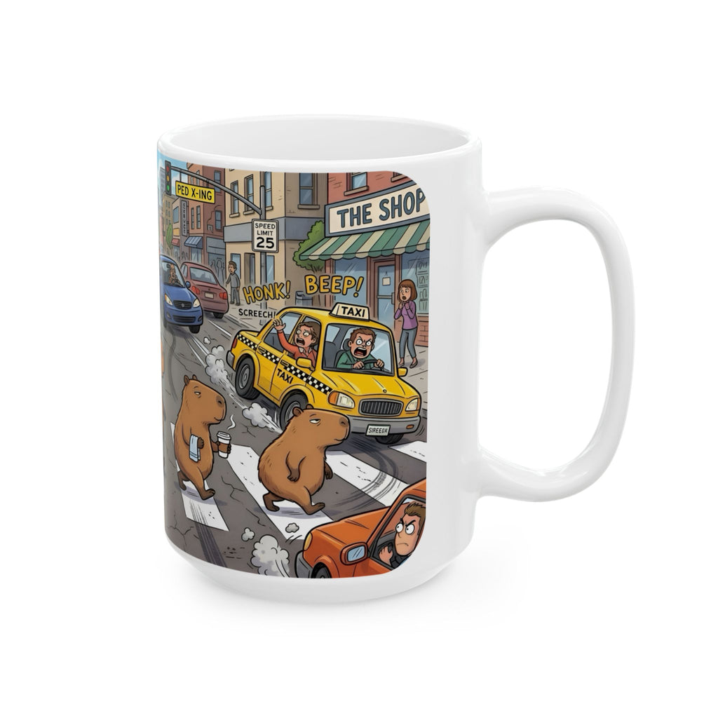 Capybara Abbey Road White Ceramic Mug – Funny Rodent Band Tea Cup (11oz & 15oz)