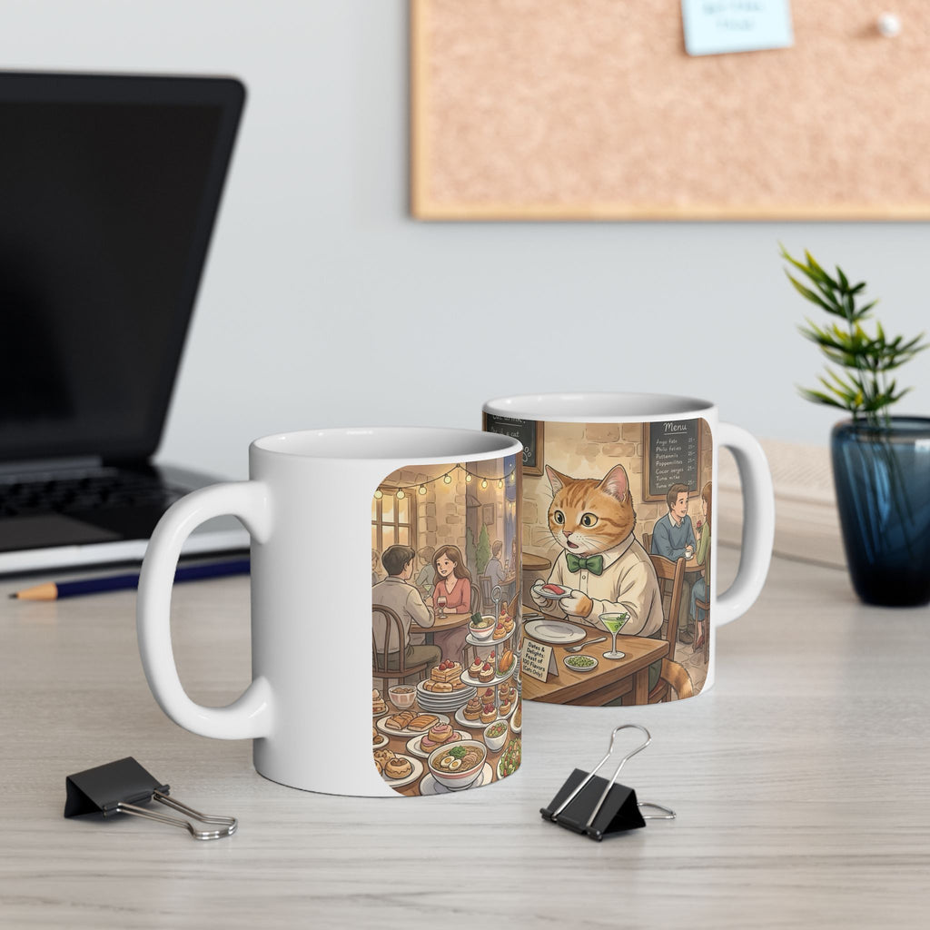 Cat Cafe Breakfast White Ceramic Mug — Cute Cats Dining Tea Cup (11oz/15oz)