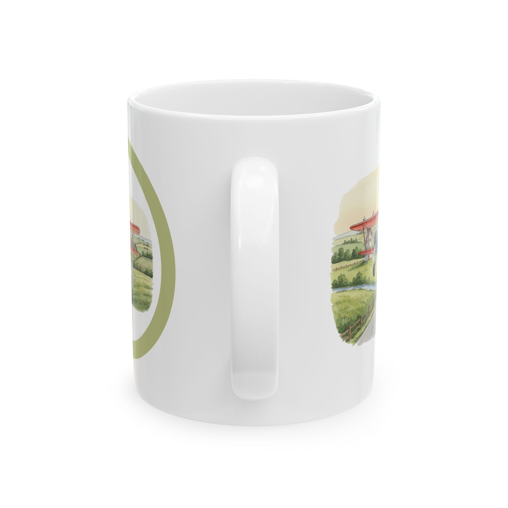 Countryside Airplane White Ceramic Mug — Vintage Biplane Landscape Tea Cup (11oz & 15oz)