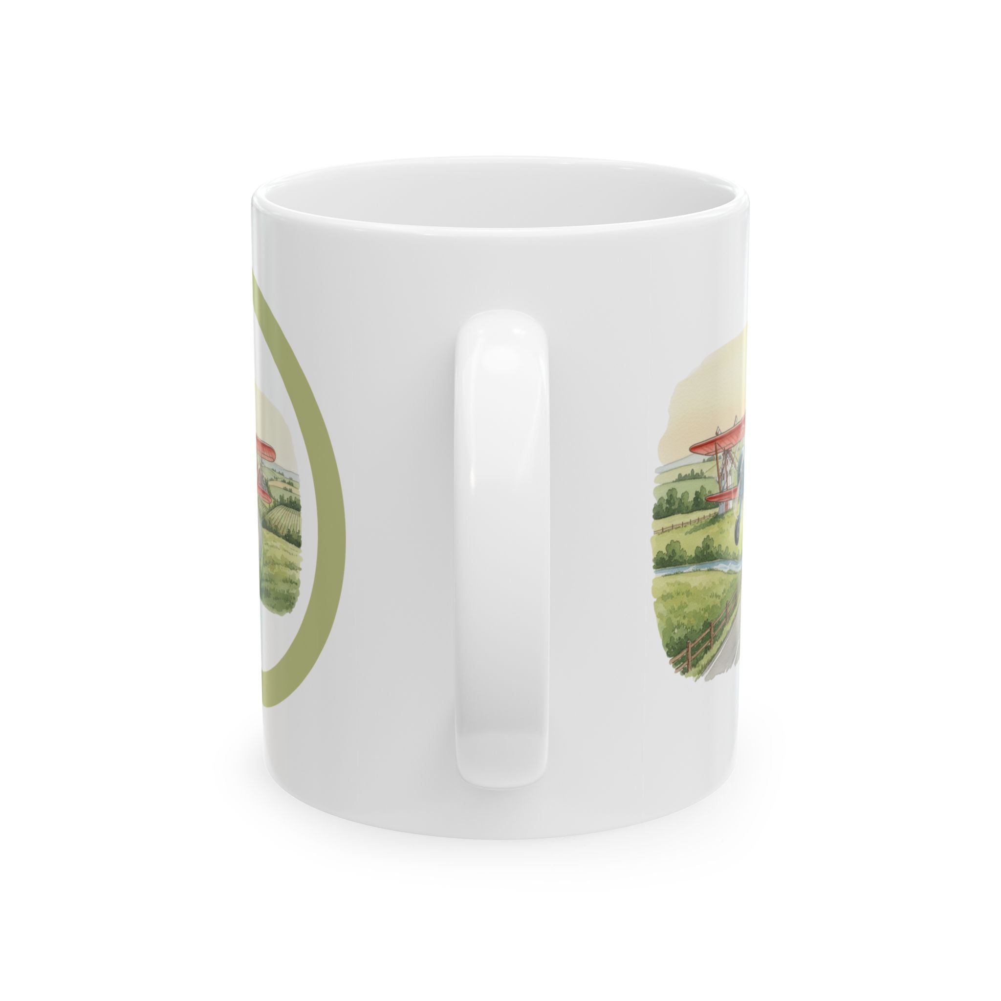 Countryside Airplane White Ceramic Mug — Vintage Biplane Landscape Tea Cup (11oz & 15oz)