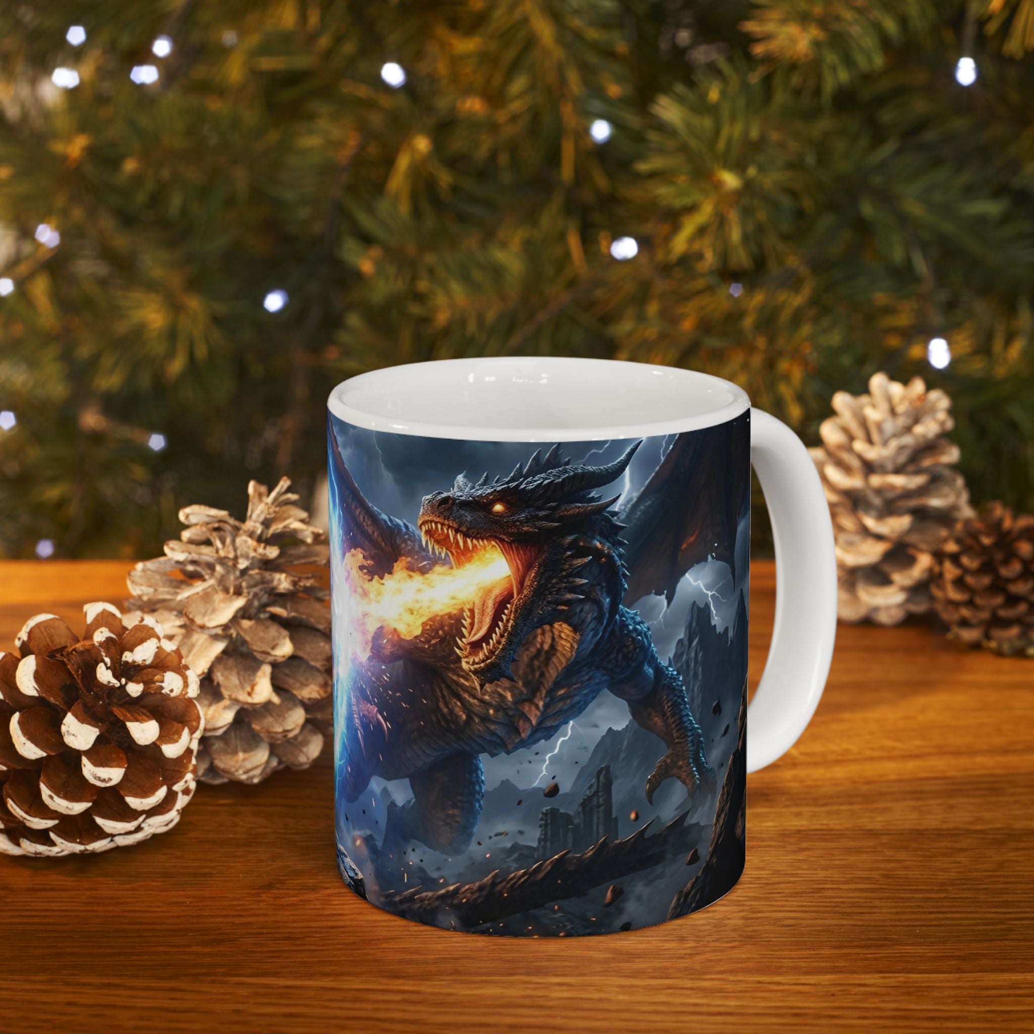 Dragon Battle #2 White Ceramic Mug — Epic Fantasy Gaming Adventure Scene (11oz, 15oz)