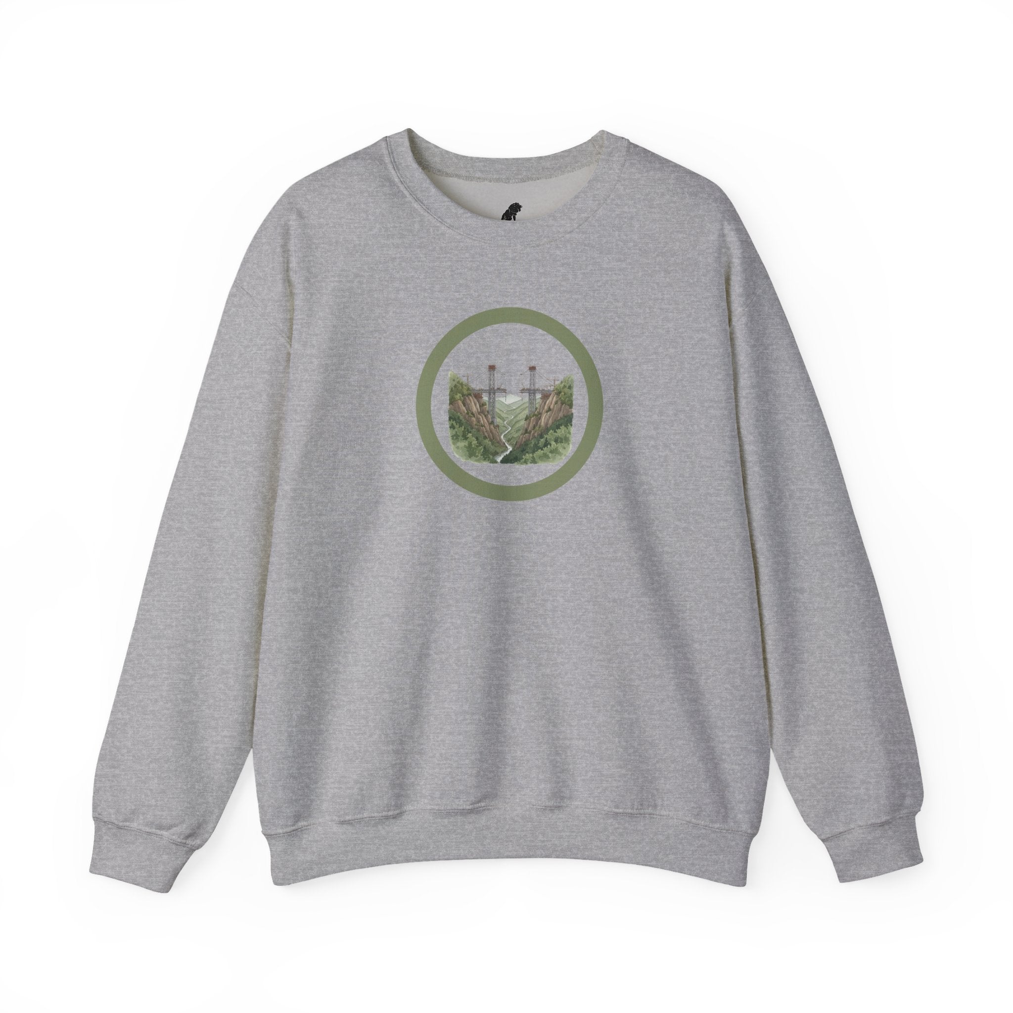 Bridge Building Circular Crewneck Sweatshirt — Mountain Nature Trail View Adventure Sweater
