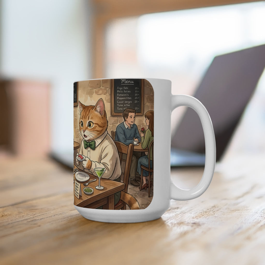 Cat Cafe Breakfast White Ceramic Mug — Cute Cats Dining Tea Cup (11oz/15oz)