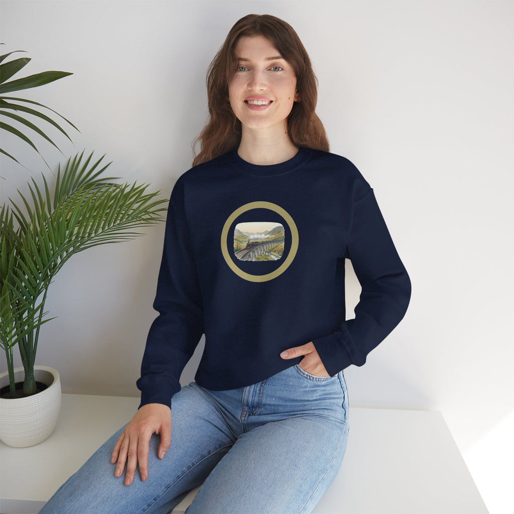 Crewneck Circle Locomotive Sweatshirt — Vintage River Landscape Train