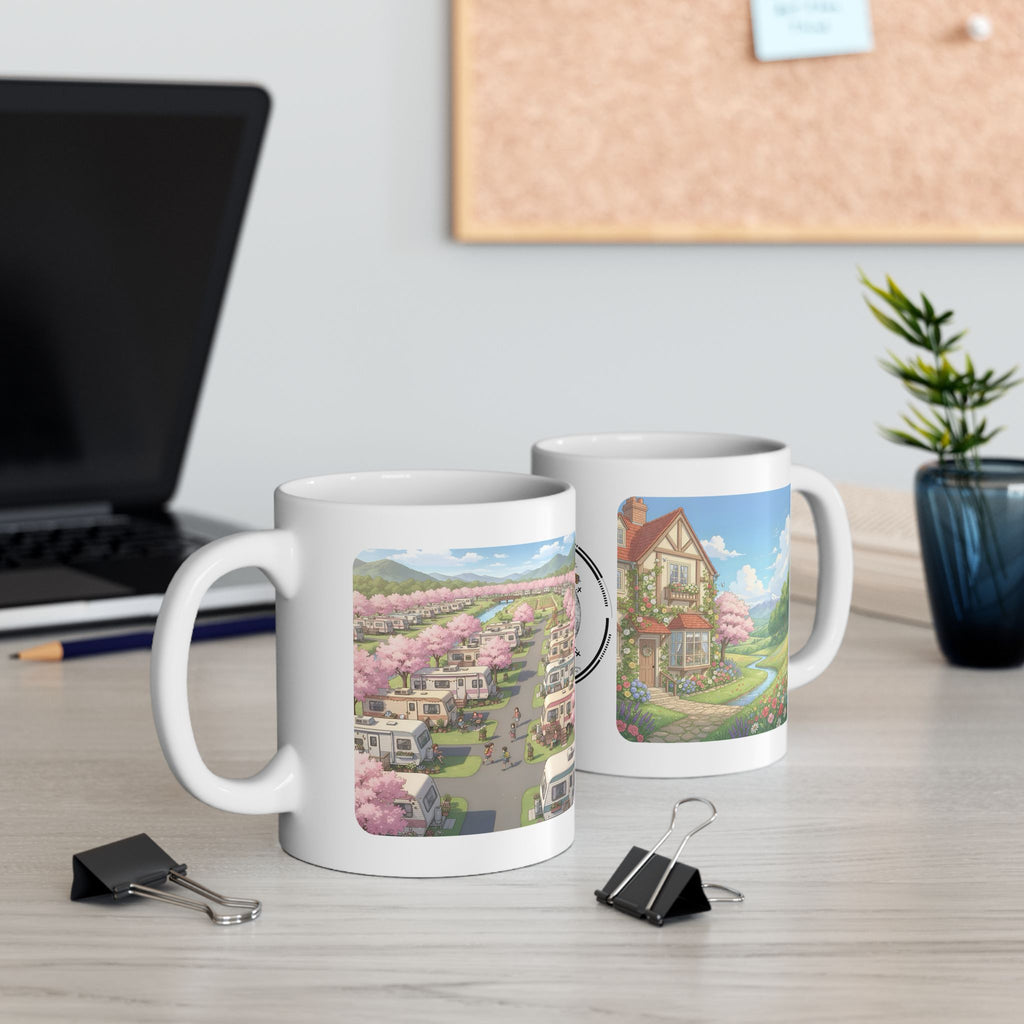 Kawaii English Garden Wildflower Meadow White Ceramic Mug — Cherry Blossom RV Camping Village Cup (11oz/15oz)