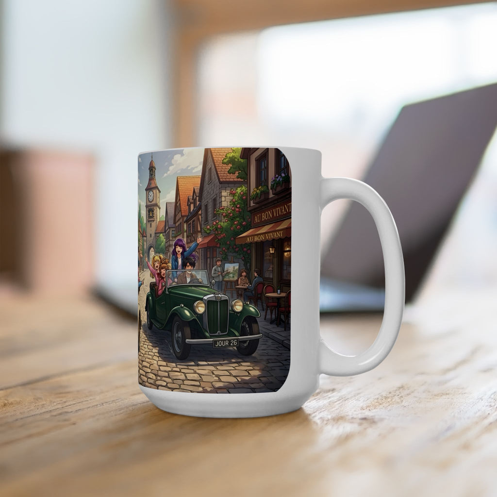 Vintage Village Roadtrip #1 White Ceramic Mug — Classic Cars & Happy Town Friends Cup (11oz, 15oz)
