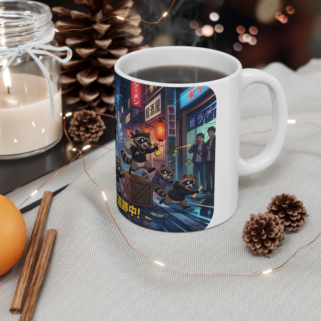 "Raccoon Chase" Anime City Police White Ceramic Mug (11oz/15oz), Urban Ringtails Cup