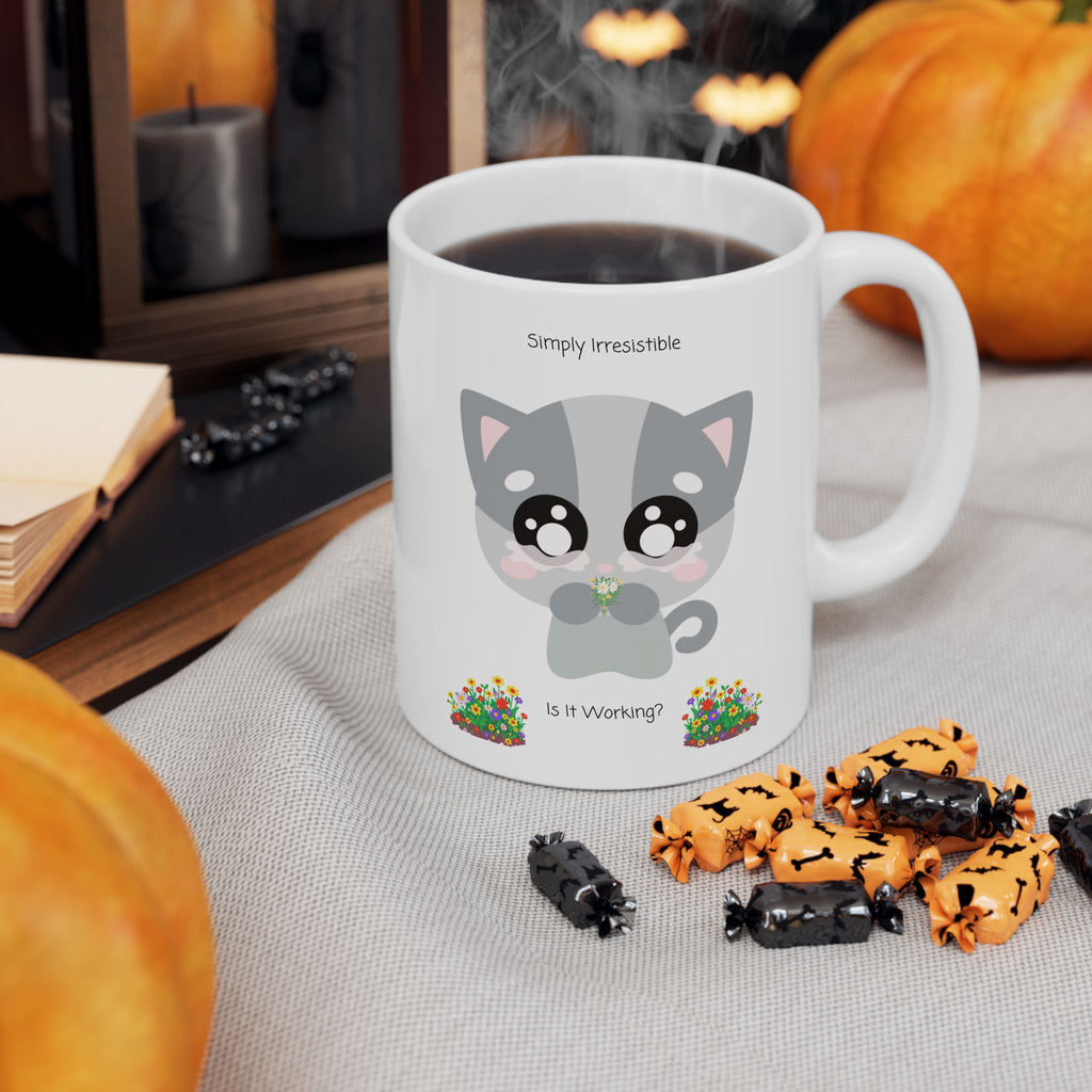 Cozy Simply Irresistible Cat White Ceramic Mug — Floral Kitten Lover Tea Cup (11oz, 15oz)