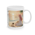 Cute French Bulldog, Pug & Orange Cat Coastal Vibe White Ceramic Mug, Cozy Sunset Seascape Anime Girl Cup (11oz, 15oz)