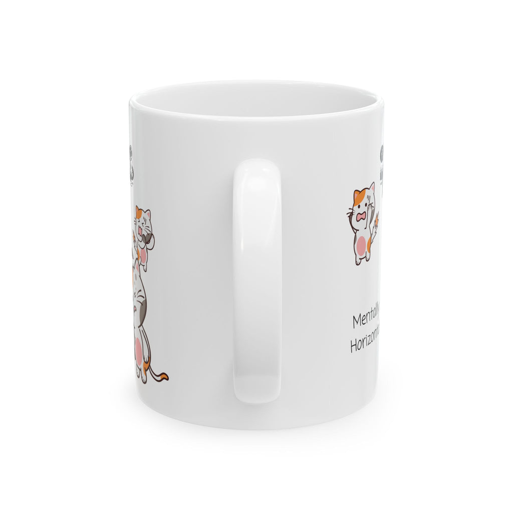 Funny "Mentally Horizontal" Cat Chaos White Ceramic Mug — Frantic Kitties in a Trashed Room (11oz & 15oz)