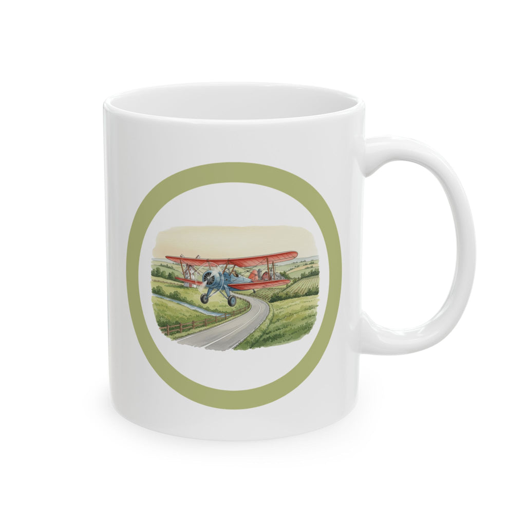 Countryside Airplane White Ceramic Mug — Vintage Biplane Landscape Tea Cup (11oz & 15oz)