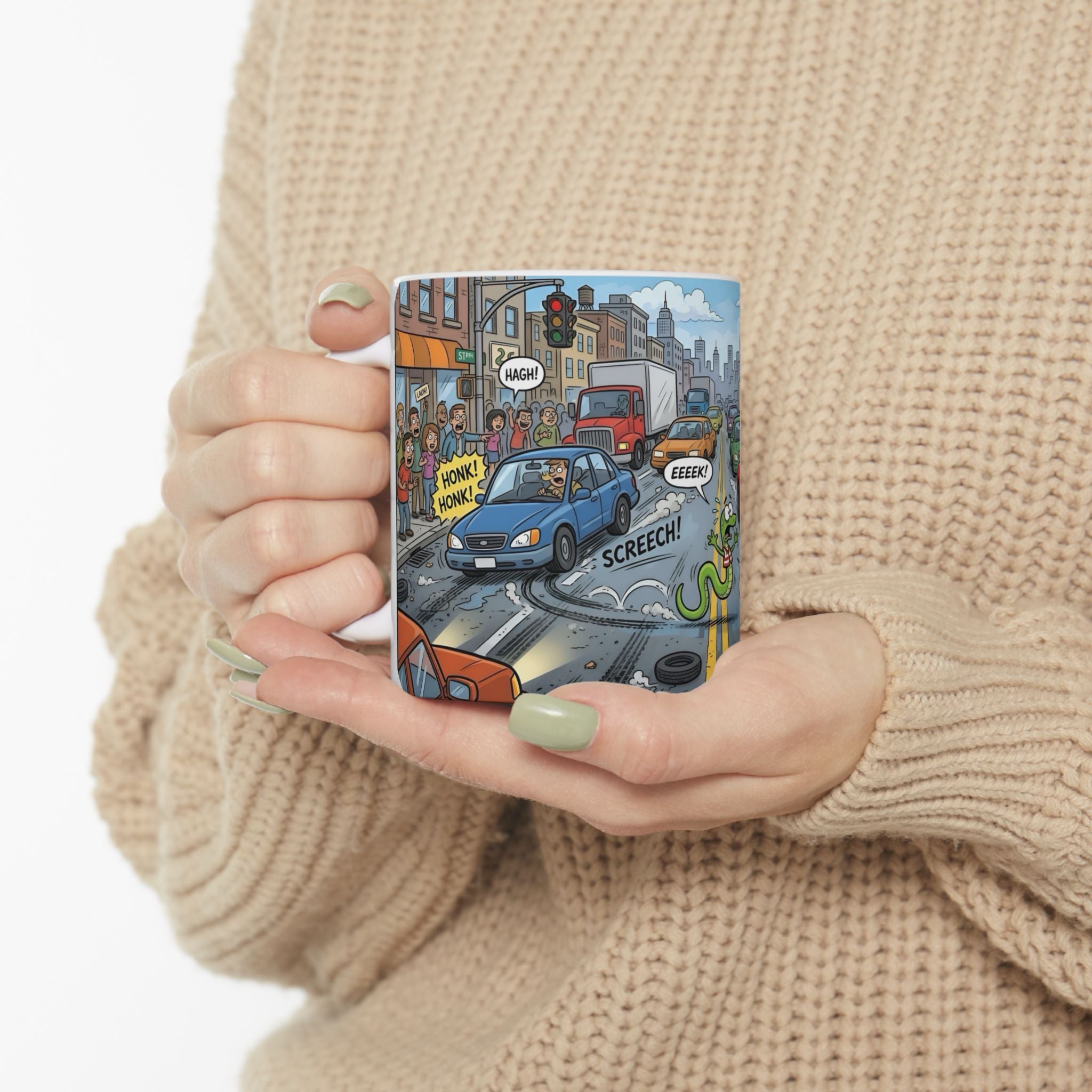 City Traffic & The Urban LandSnake White Ceramic Mug – Comical Reptile Road Chaos Cup (11oz, 15oz)