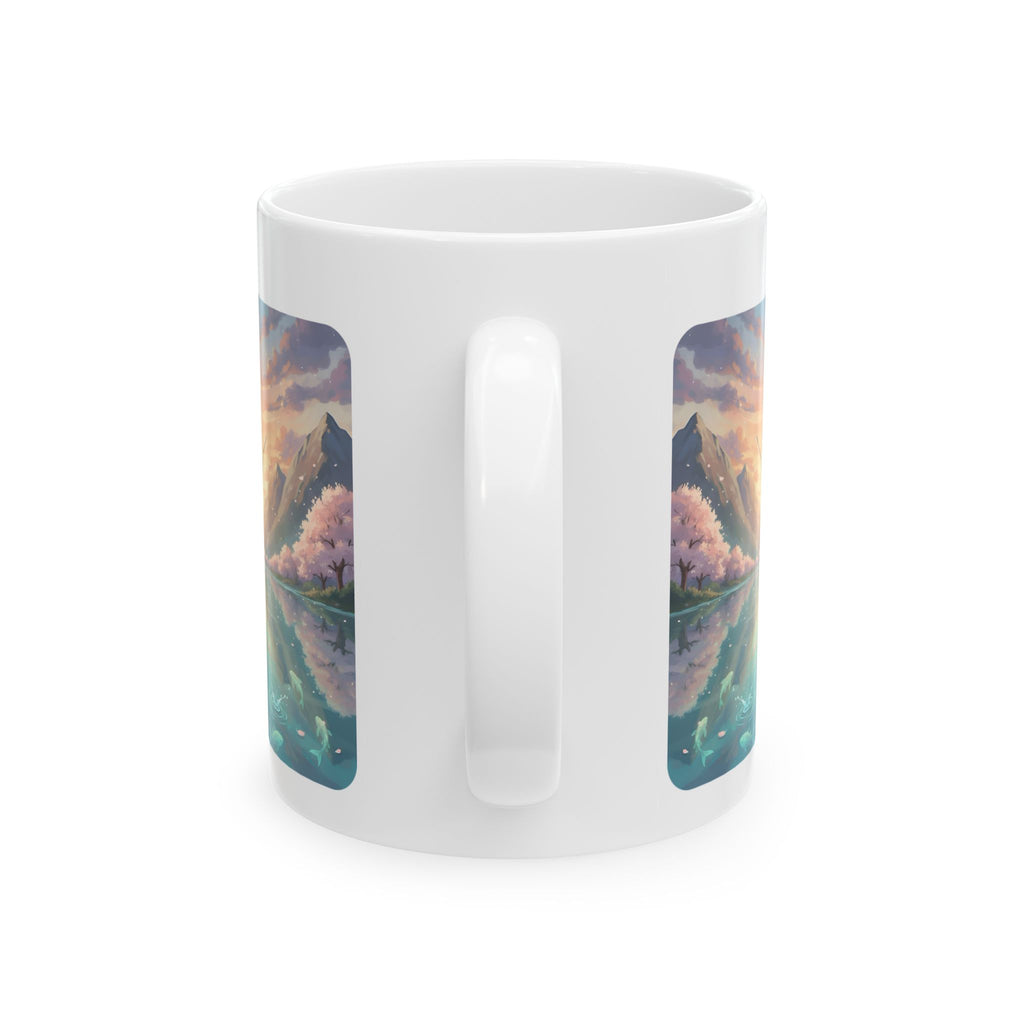 Boy Fishing at Sunset on Lakefront Pier White Ceramic Mug, Mountain View Cherry Blossom Serenity Cup (11oz, 15oz)