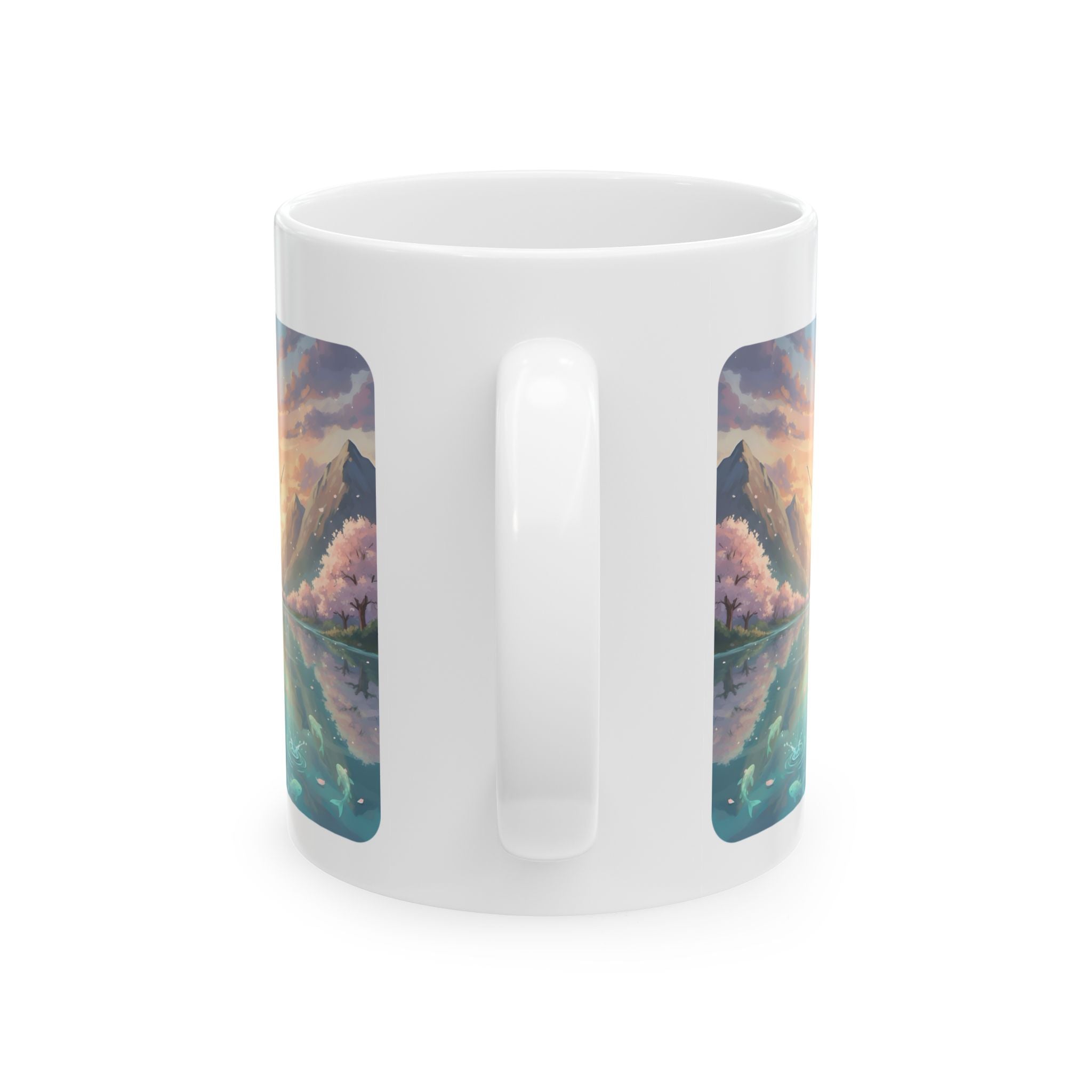 Boy Fishing at Sunset on Lakefront Pier White Ceramic Mug, Mountain View Cherry Blossom Serenity Cup (11oz, 15oz)