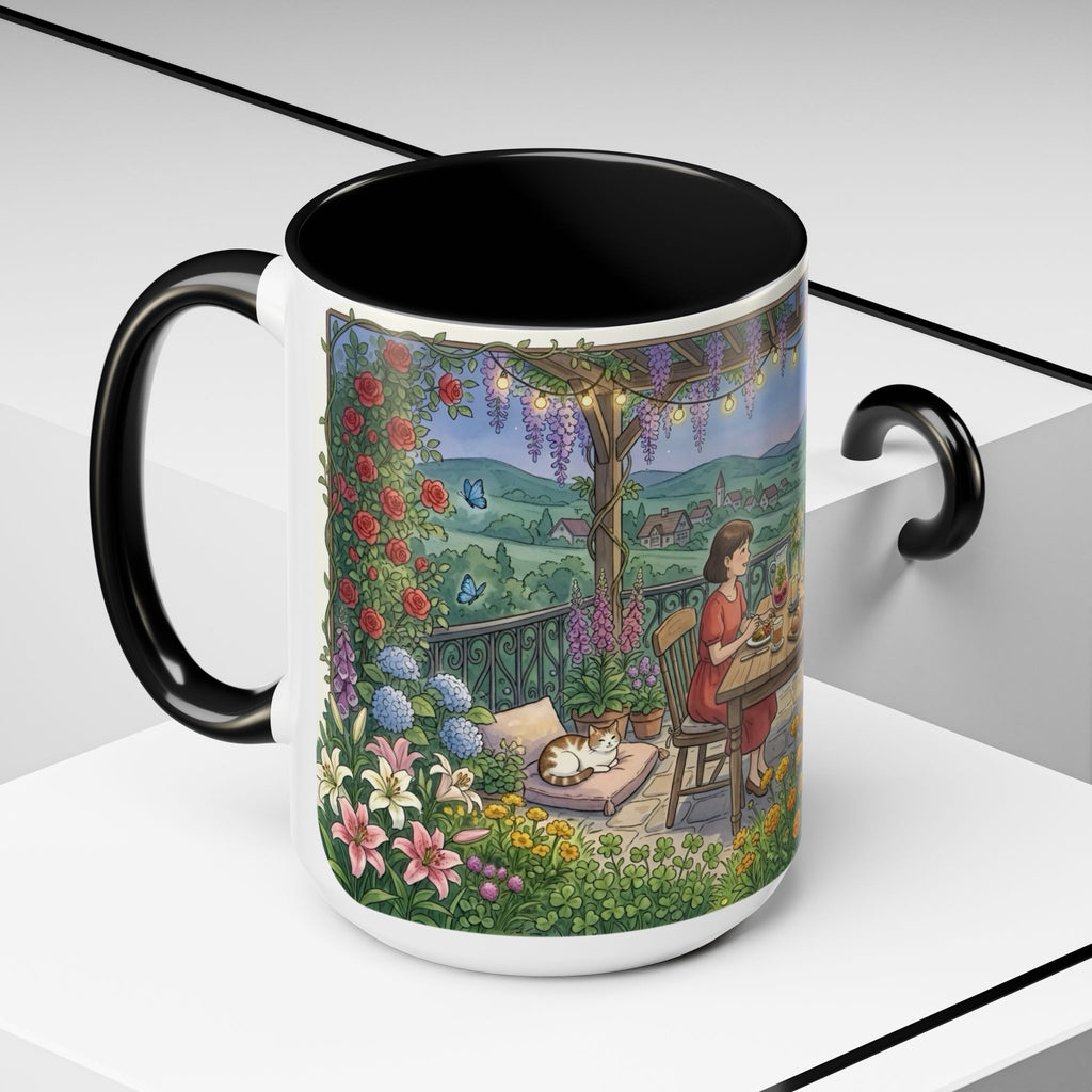 Cozy Romantic Garden Dinner Ceramic Mug — Couples Outdoor Bistro Cup (11 oz, 15 oz)
