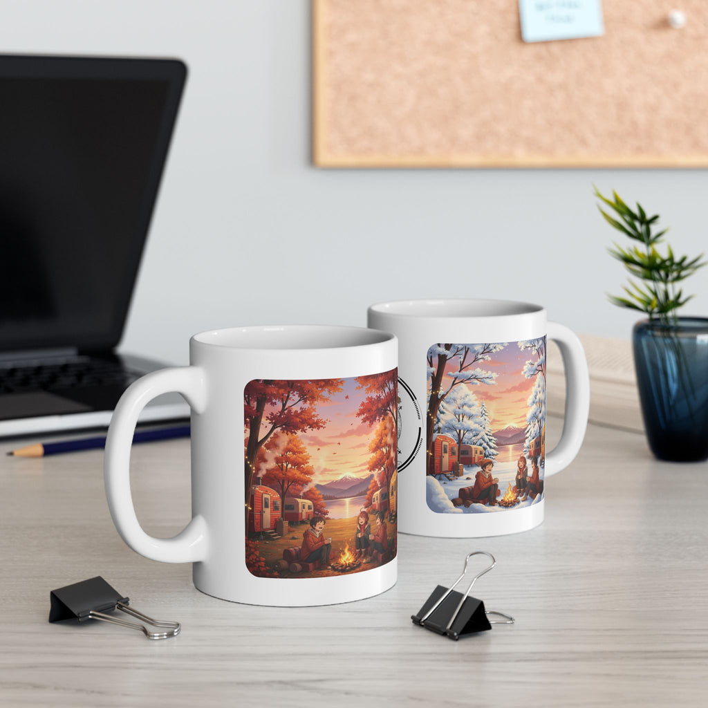 Autumn Leaves & Winter Snow Sunset White Ceramic Mug — Cozy Camping Fall & Winter Cottagecore Cup (11oz & 15oz)