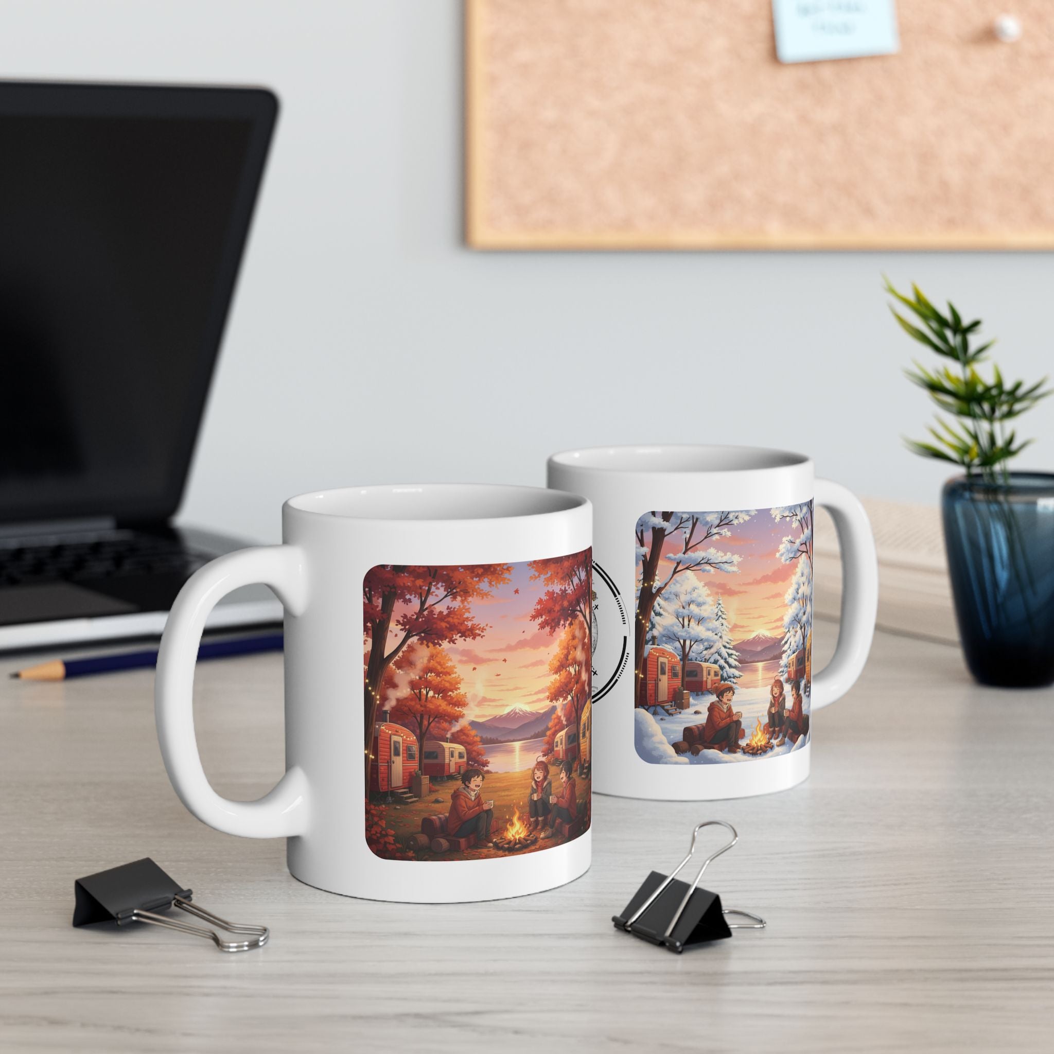 Autumn Leaves & Winter Snow Sunset White Ceramic Mug — Cozy Camping Fall & Winter Cottagecore Cup (11oz & 15oz)