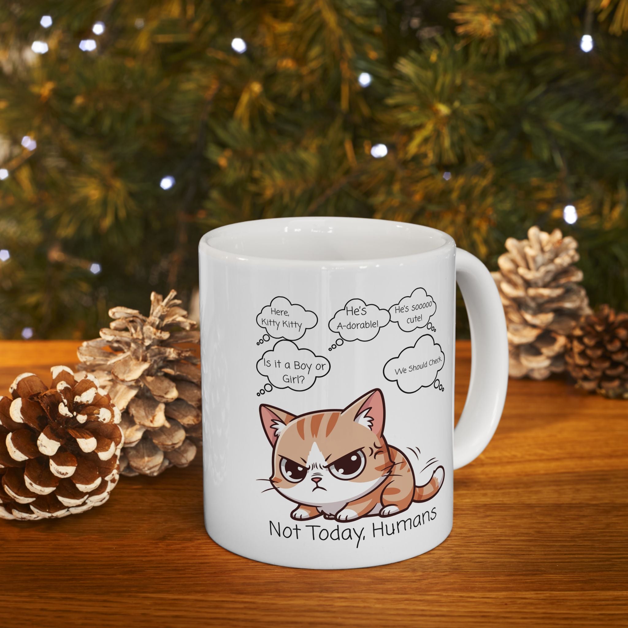 "Not Today, Humans" Grumpy Kitty White Ceramic Mug,  “Not Your Purr-son” Sassy Tea Cup (11oz & 15oz)