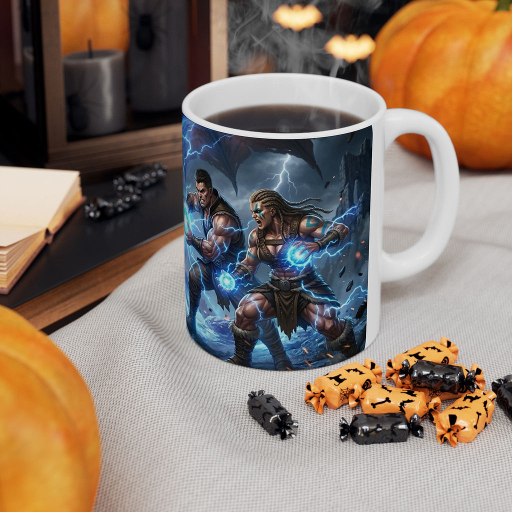 Dragon Battle #4 White Ceramic Mug — Epic Fantasy Gaming Adventure Scene (11oz, 15oz)