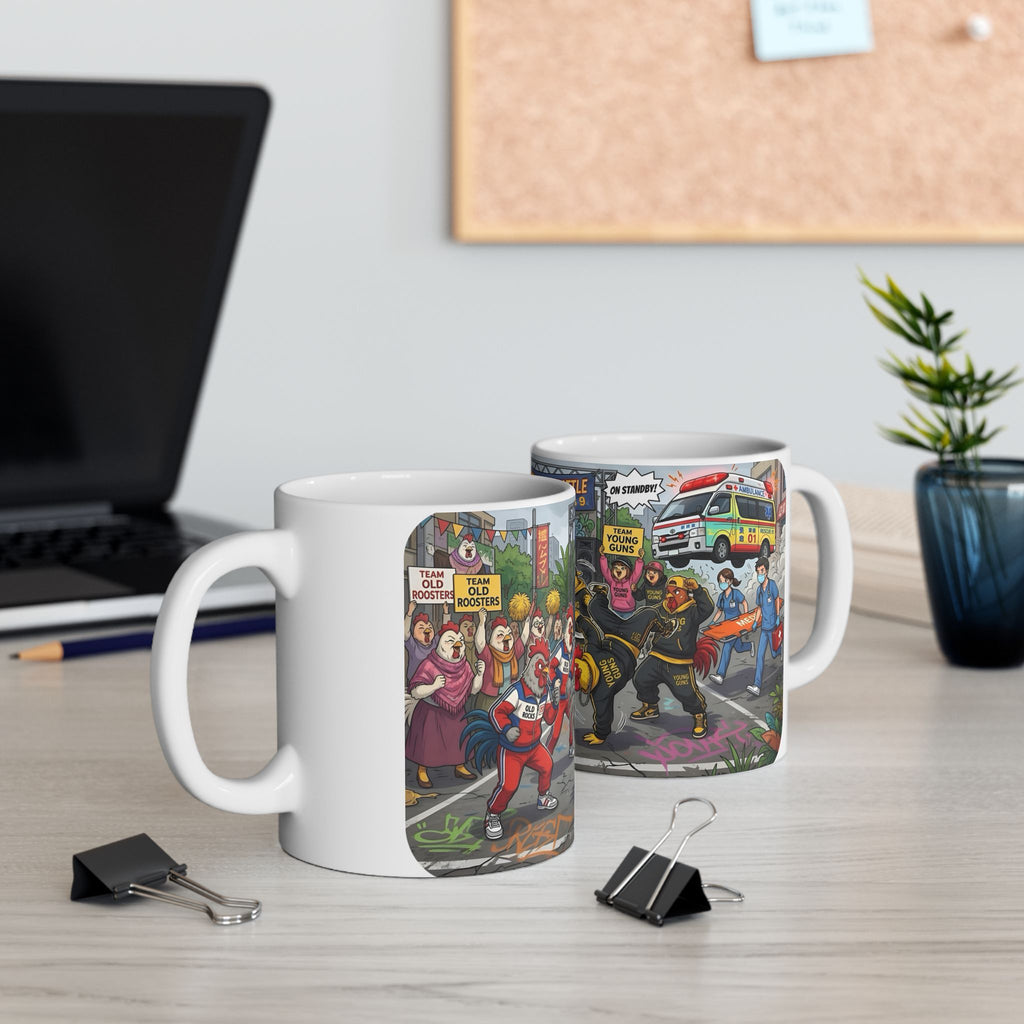 Chicken Dance Battle White Ceramic Mug (11oz, 15oz) — Funny Rooster Street Dance Cup