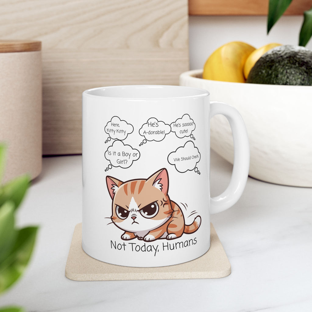 "Not Today, Humans" Grumpy Kitty White Ceramic Mug,  “Not Your Purr-son” Sassy Tea Cup (11oz & 15oz)