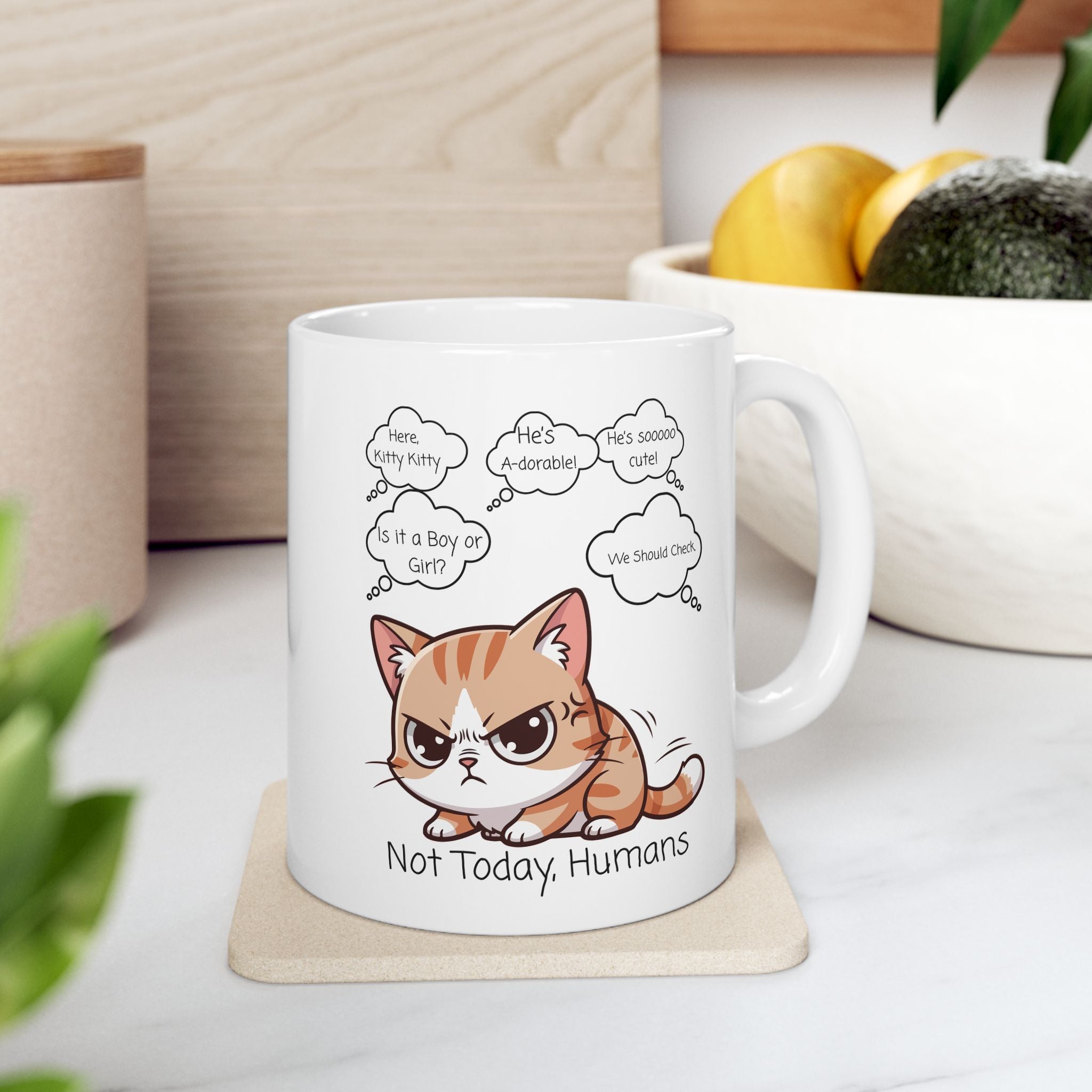 "Not Today, Humans" Grumpy Kitty White Ceramic Mug,  “Not Your Purr-son” Sassy Tea Cup (11oz & 15oz)