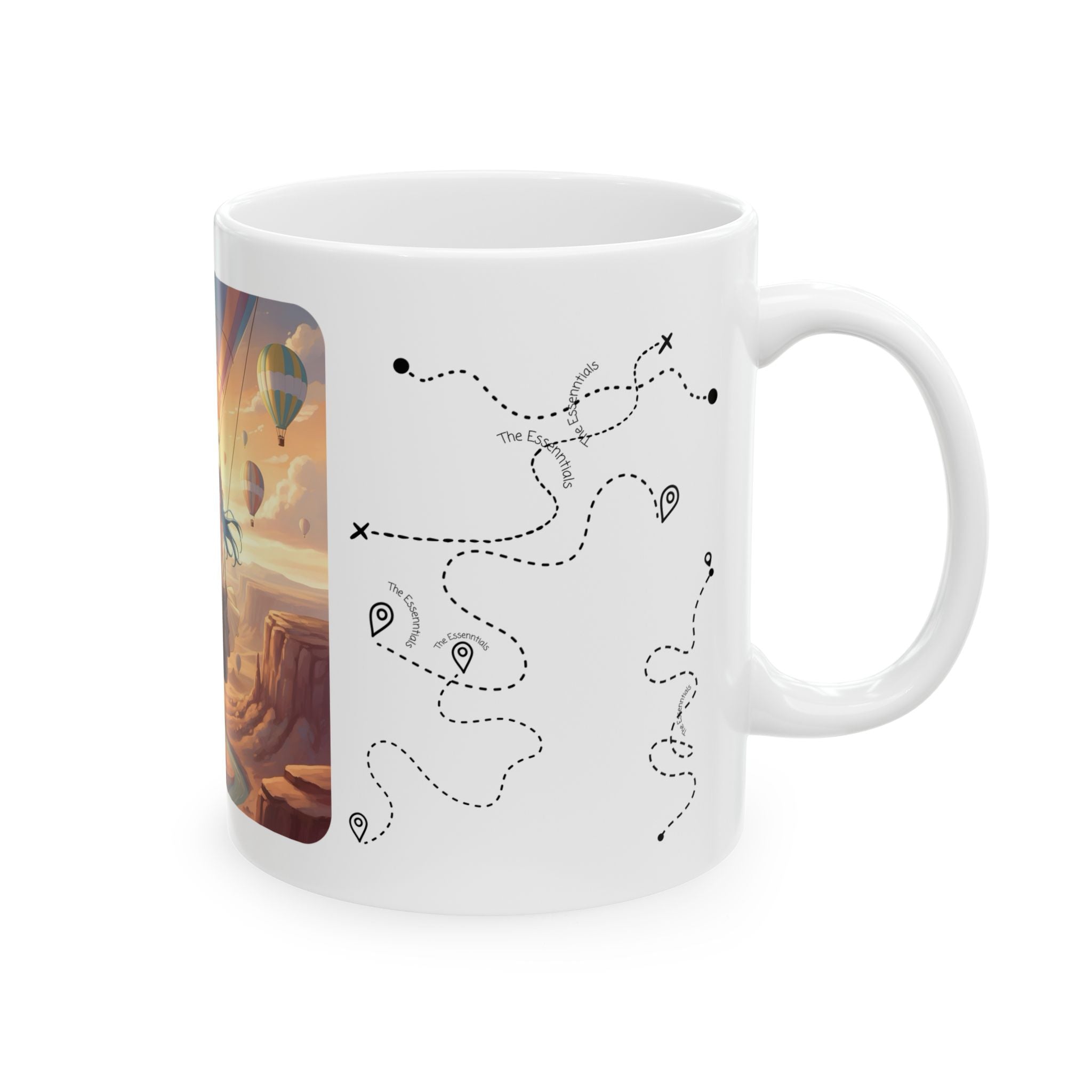 Joyful Friendship Landscape, Colorful Balloon Adventure White Ceramic Mug — True Wealth, Adventure, & Creativity Cup (11oz/15oz)