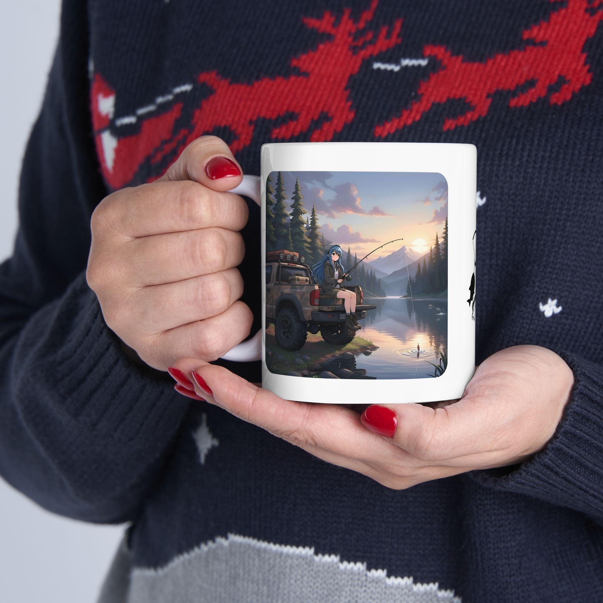 Cozy Anime Girl Tailgate Fishing Adventure White Ceramic Mug — Vintage Truck, Lake Sunrise Tea Cup (11oz/15oz)