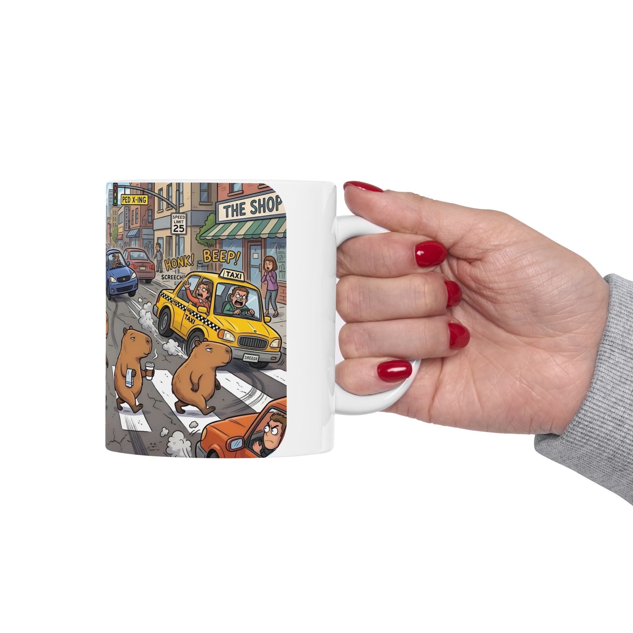 Capybara Abbey Road White Ceramic Mug – Funny Rodent Band Tea Cup (11oz & 15oz)