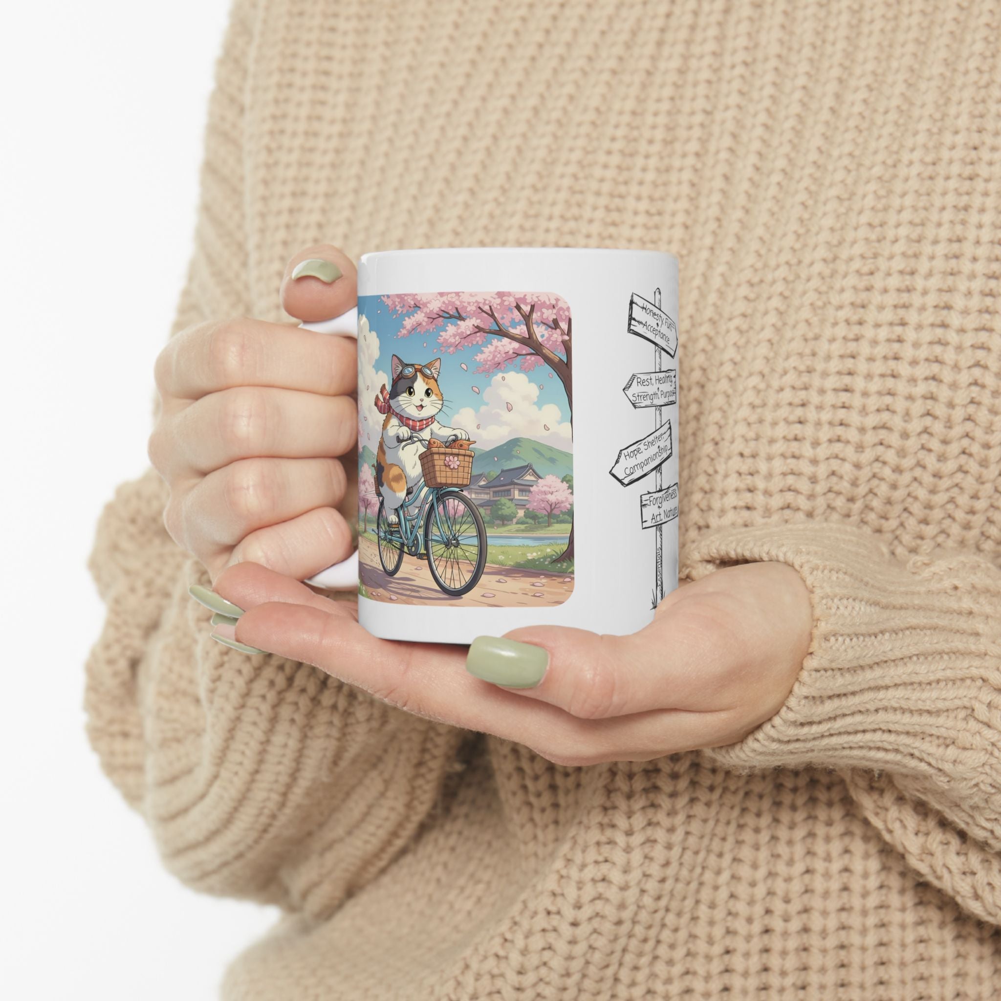Kawaii Cats Riding Bikes in Sakura Japan White Ceramic Mug — Peaceful River Happy Paws Cup, 11o z & 15oz