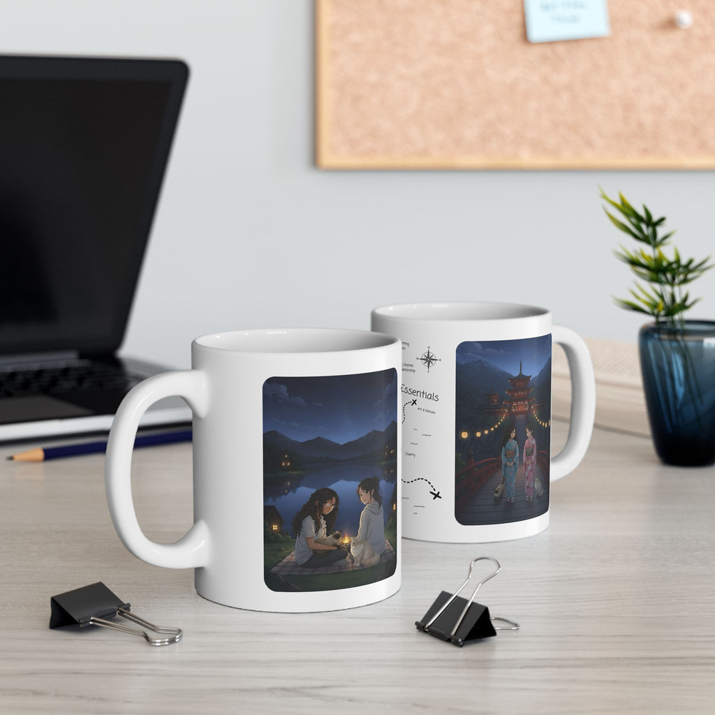 Kawaii Cat Lovers Transcending Time White Ceramic Mug — True Anime Best Friends in Japan Cup (11oz/15oz)
